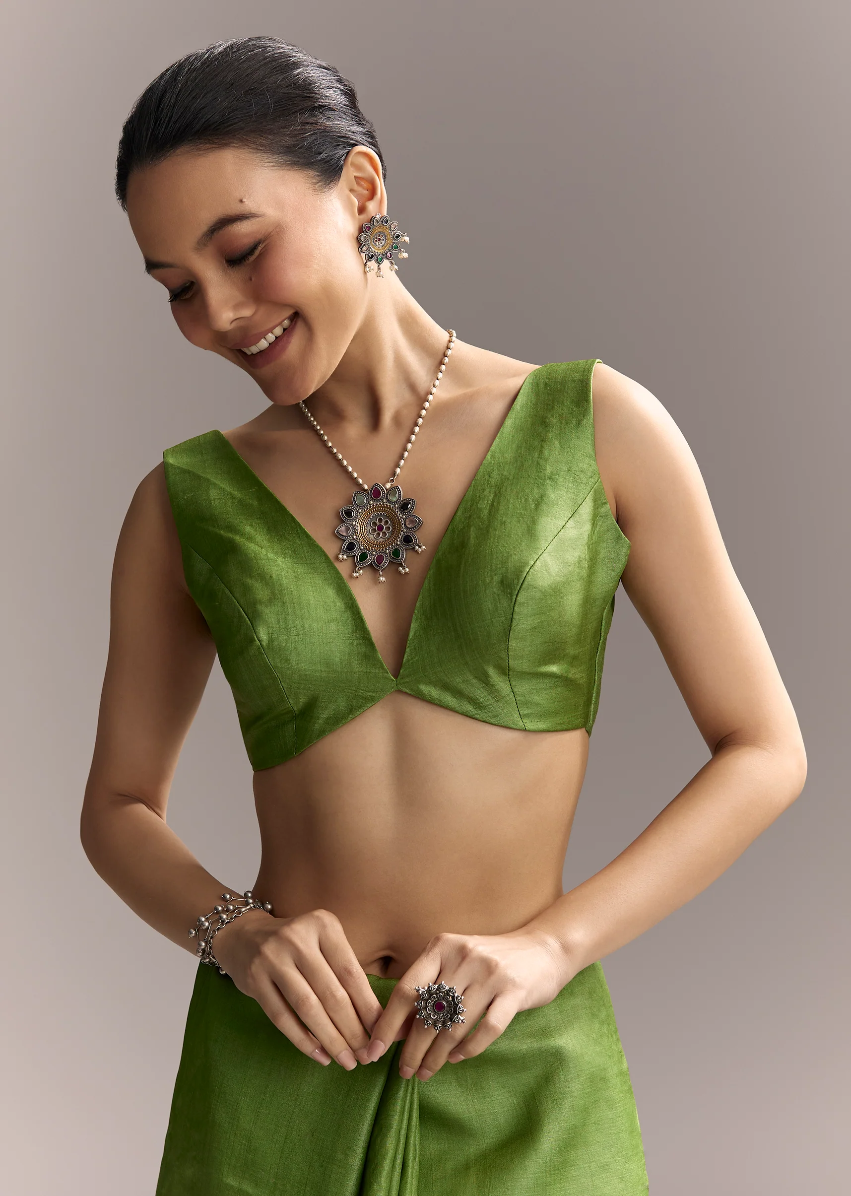 Artistic Green Festive Couple Set – Green Hand-Painted Cotton Saree For Her And Green Floral Silk Kurta Set For Him - Image 8