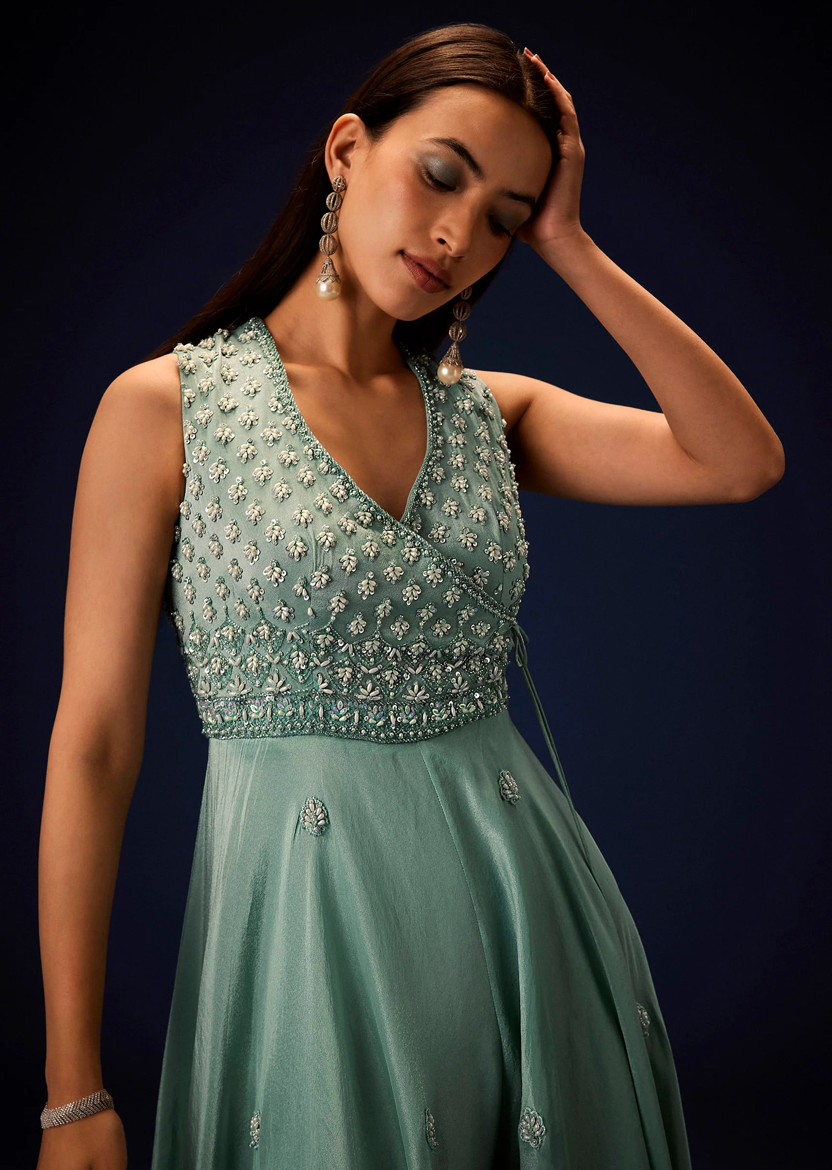 Azure Blue Hand Embroided Double Layer Organza Frill Jumpsuit - Image 4
