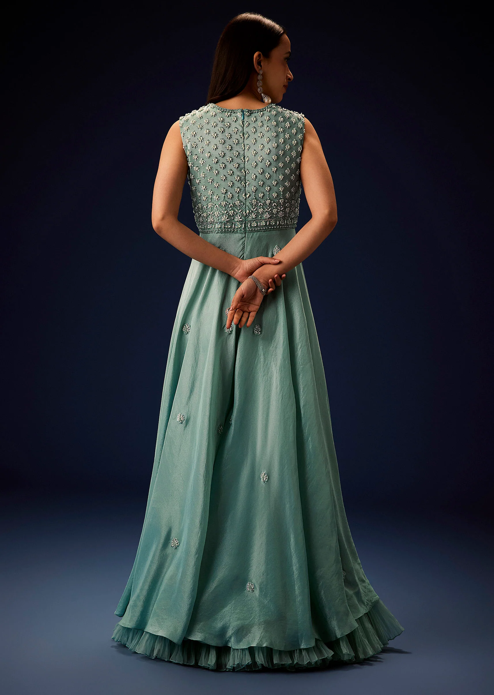 Azure Blue Hand Embroided Double Layer Organza Frill Jumpsuit - Image 5