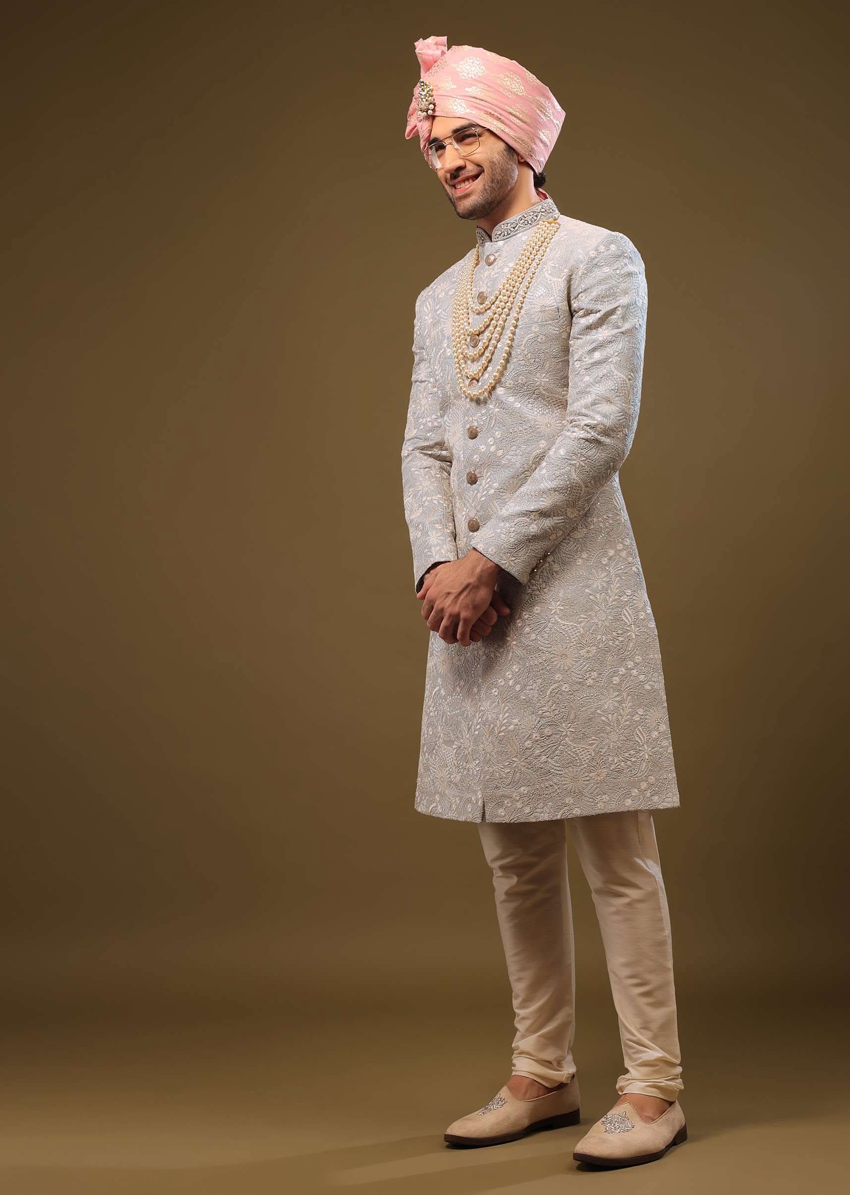 Powder Blue Silk Sherwani Set In Zari And Sequins Embroidery - Image 2