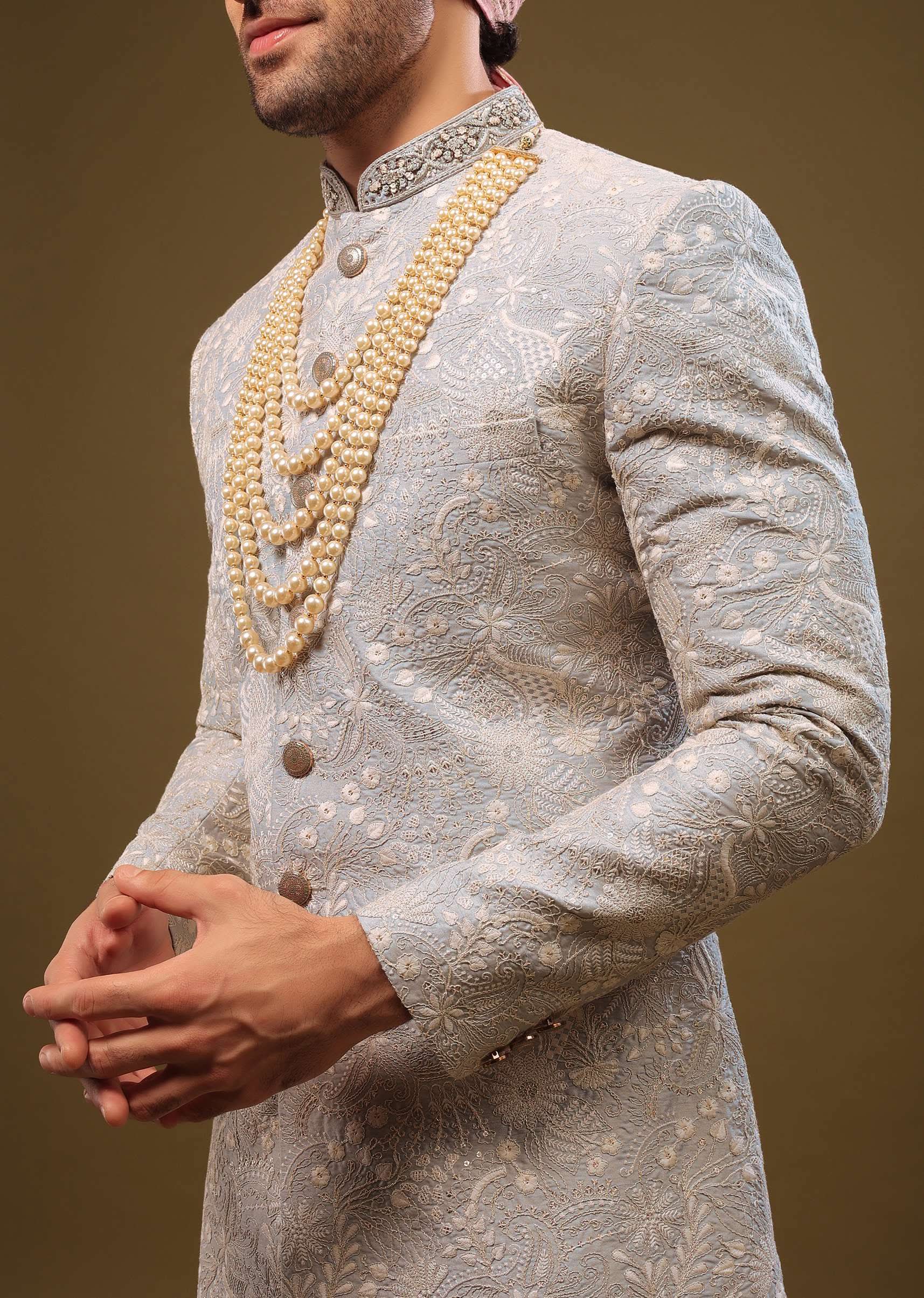 Powder Blue Silk Sherwani Set In Zari And Sequins Embroidery - Image 3