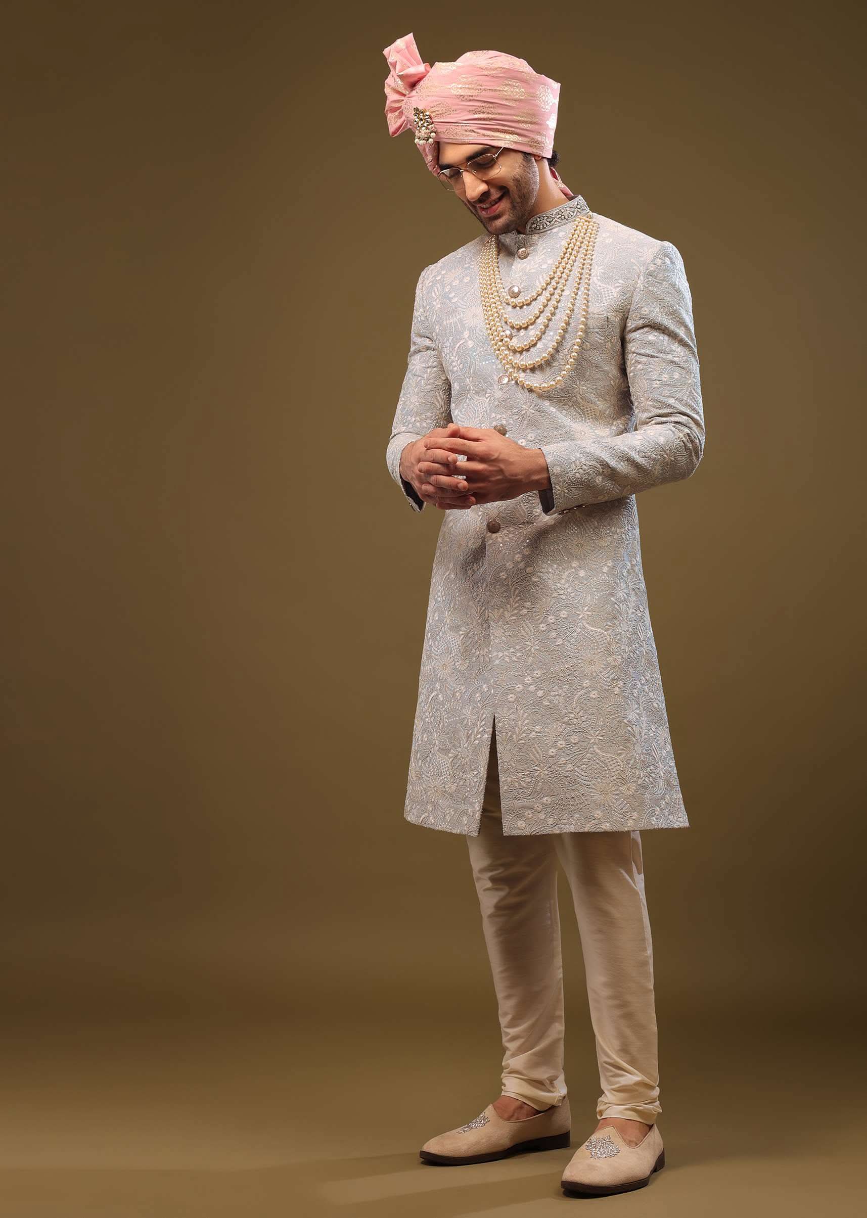 Powder Blue Silk Sherwani Set In Zari And Sequins Embroidery - Image 4