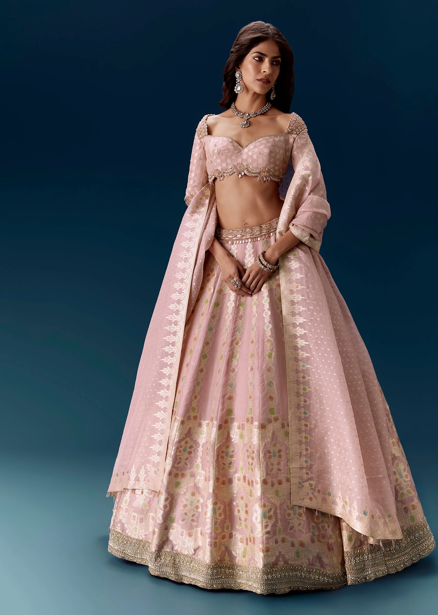 Baby Pink Banarasi Embroidered Bridal Lehenga With Dupatta - Image 4