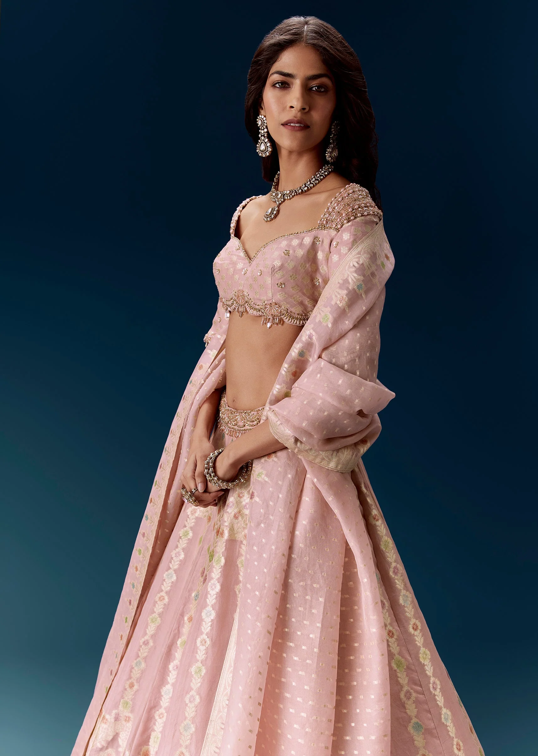 Baby Pink Banarasi Embroidered Bridal Lehenga With Dupatta - Image 5