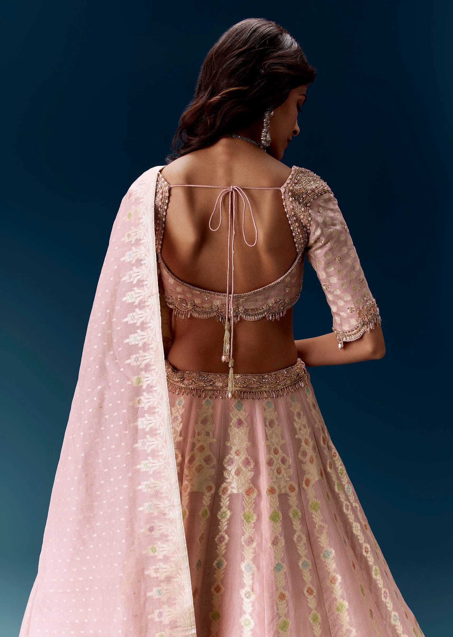 Baby Pink Banarasi Embroidered Bridal Lehenga With Dupatta - Image 6