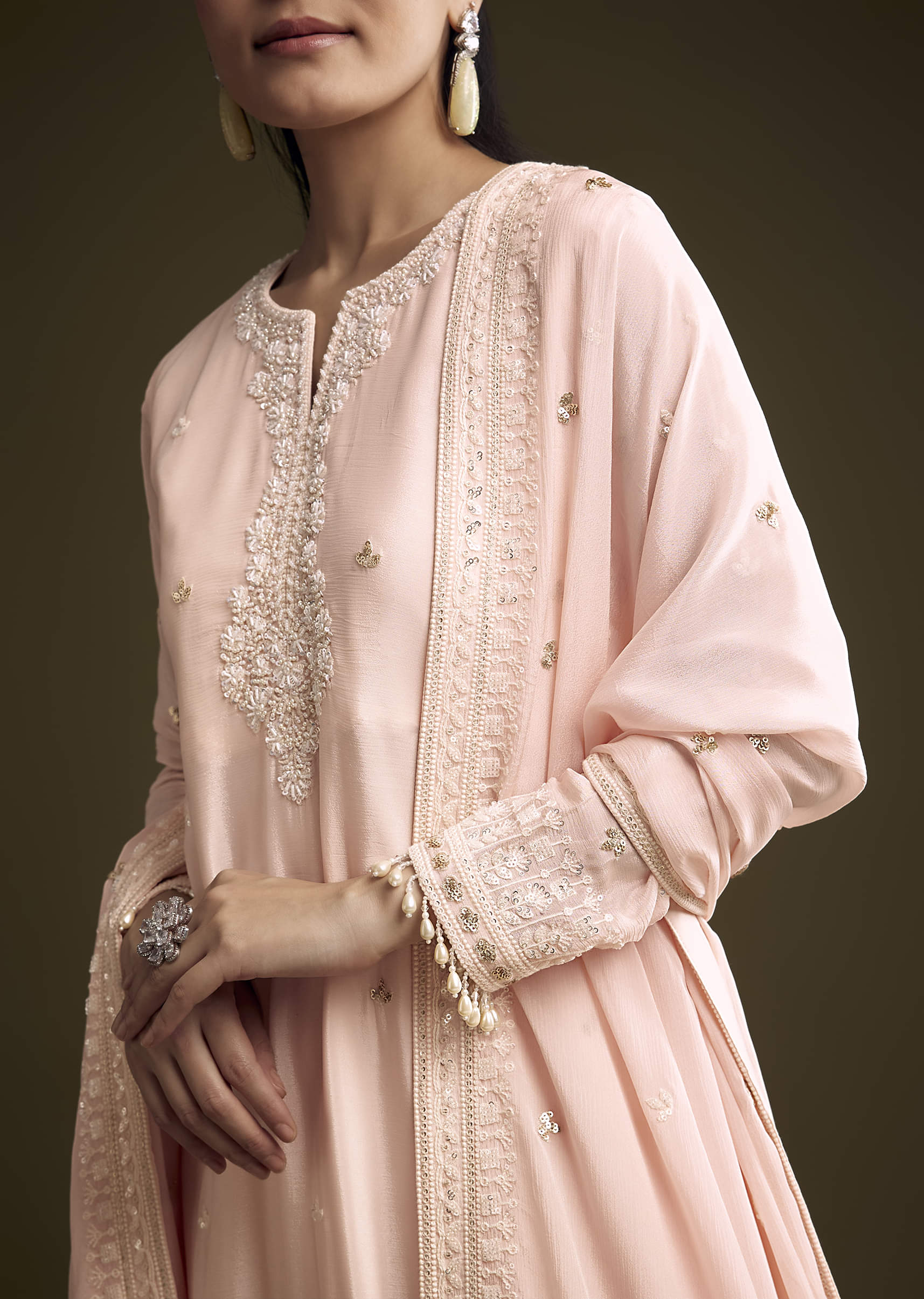 Baby Pink Chinon Palazzo Suit With Thread And Sequins Work - Image 2