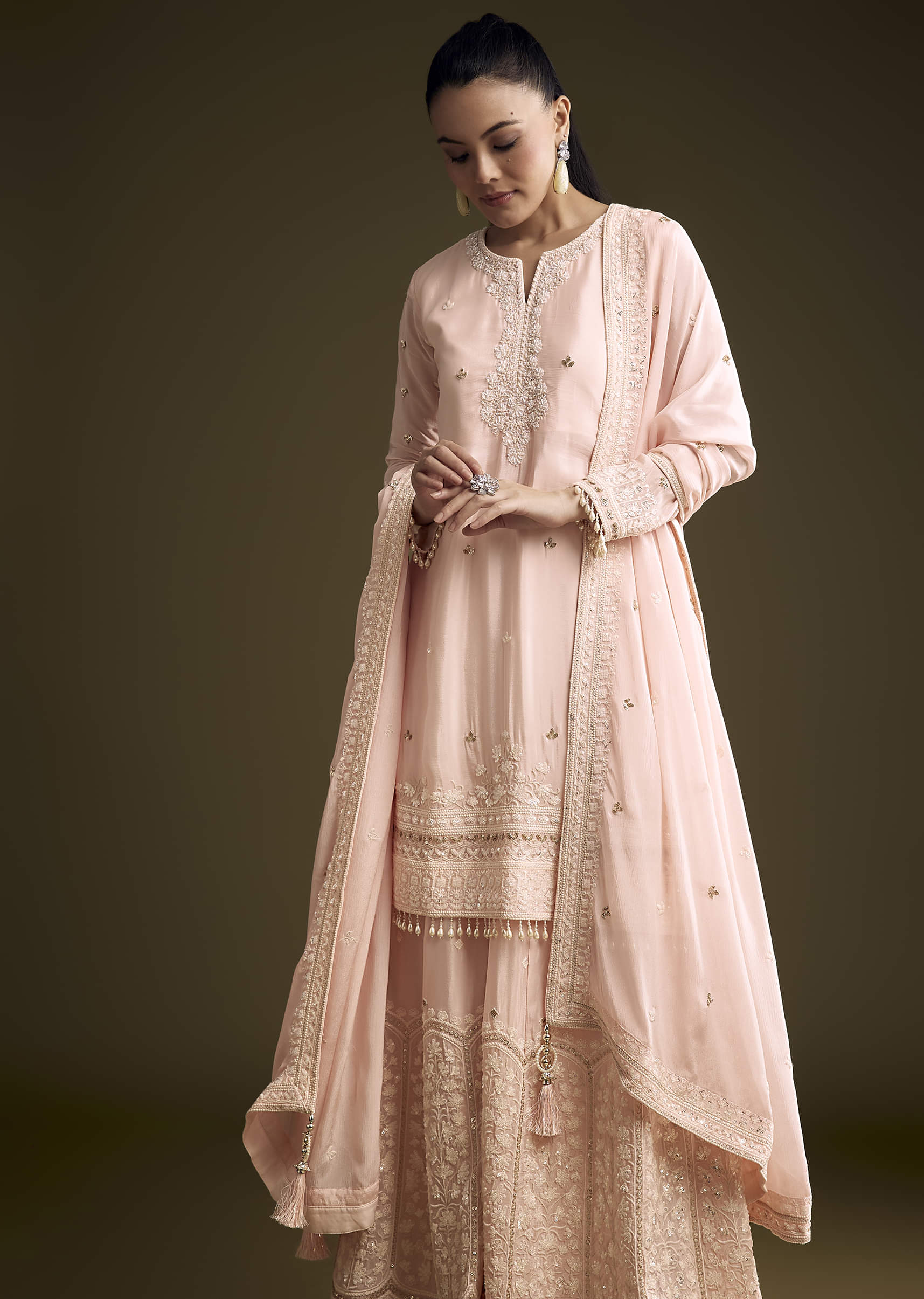 Baby Pink Chinon Palazzo Suit With Thread And Sequins Work - Image 4