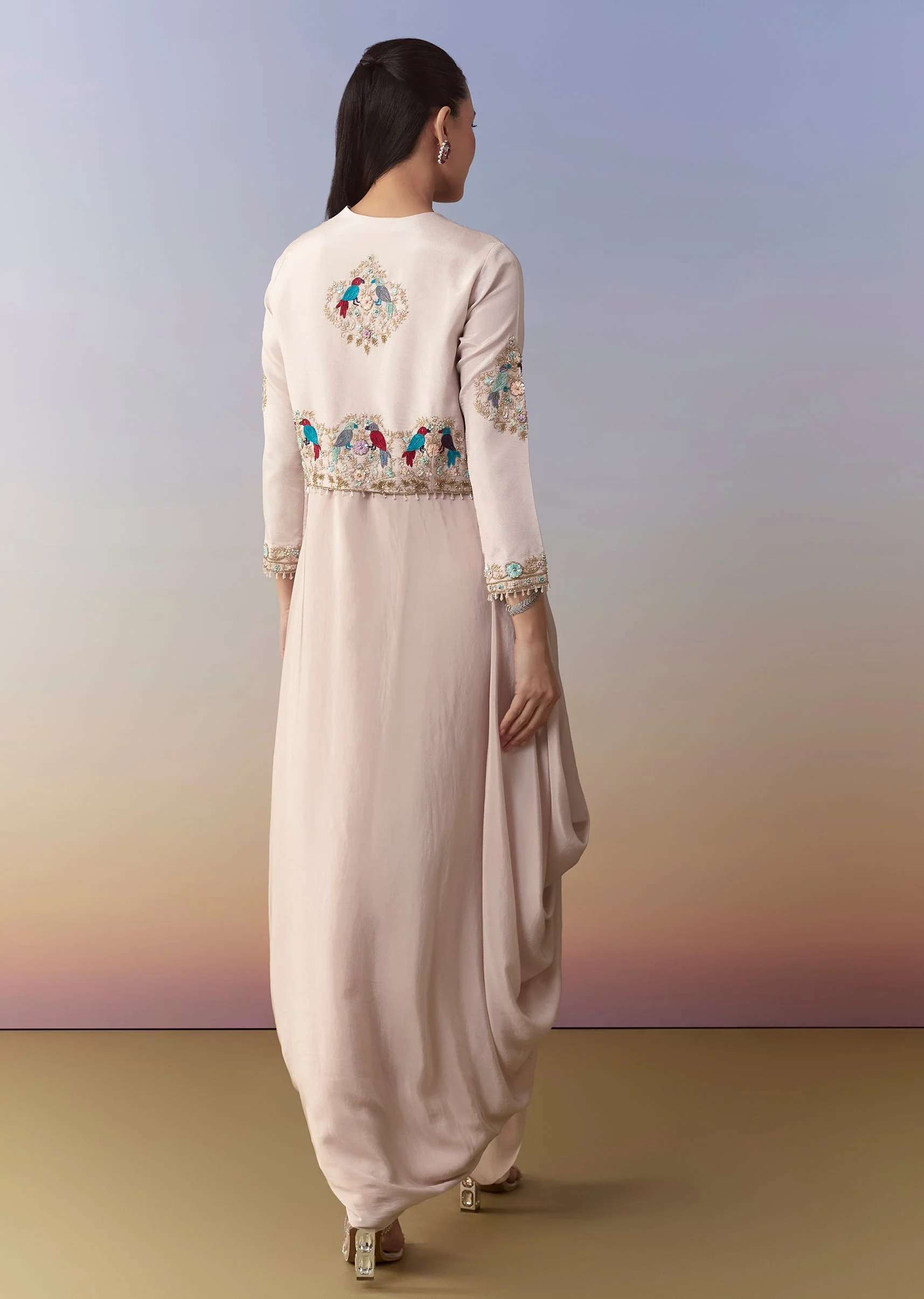 Baby Pink Cowl Draped Sequin Gown and Jacket Set - Image 5