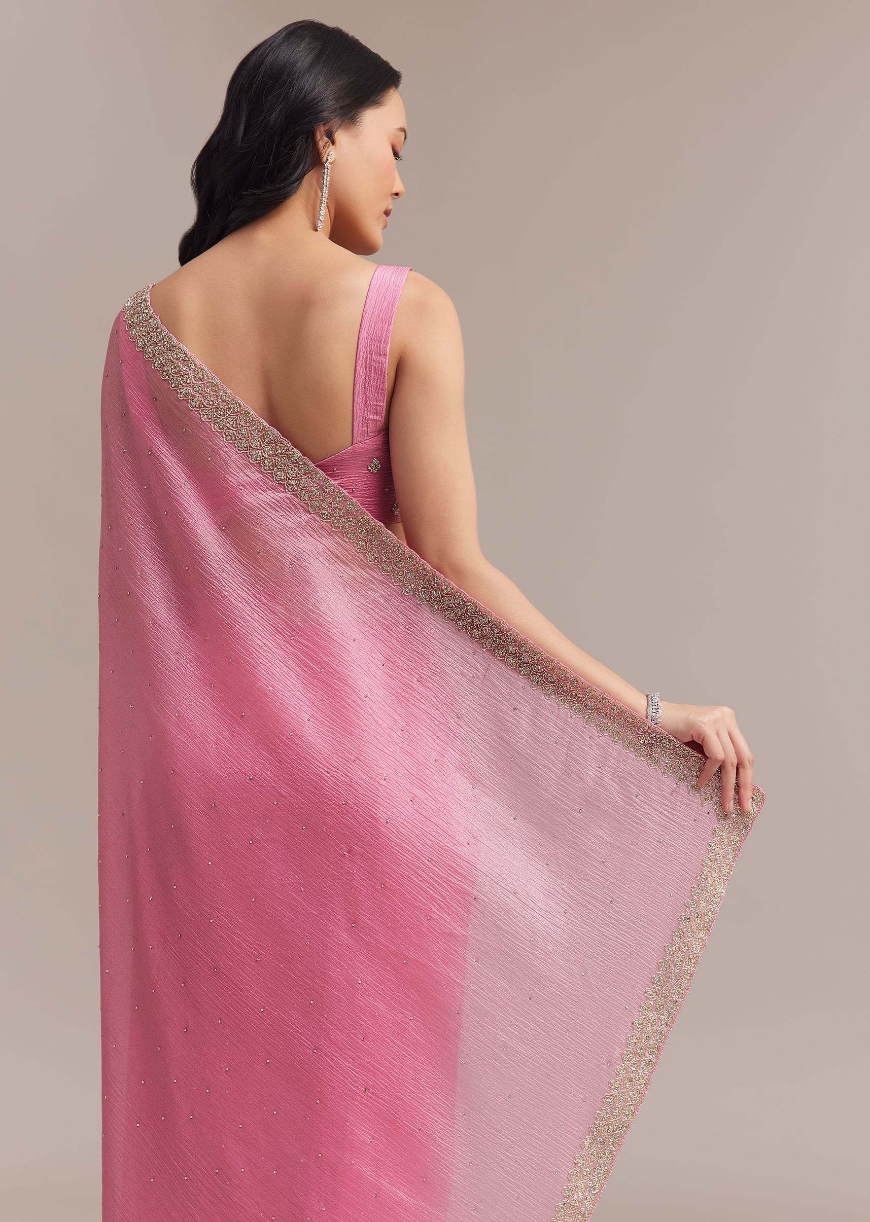 Baby Pink Crushed Tissue Saree With Embellished Border - Image 4