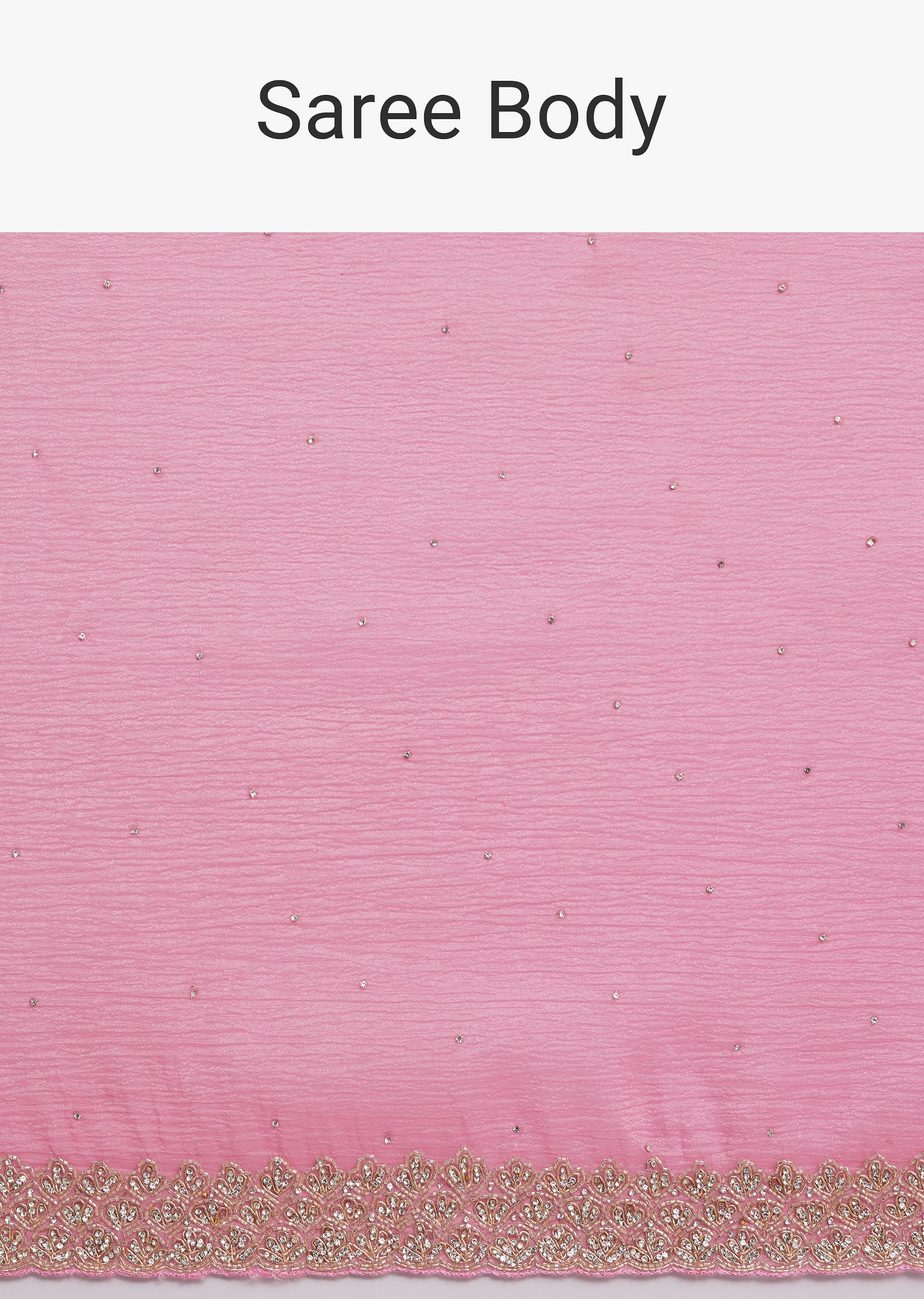 Baby Pink Crushed Tissue Saree With Embellished Border - Image 9