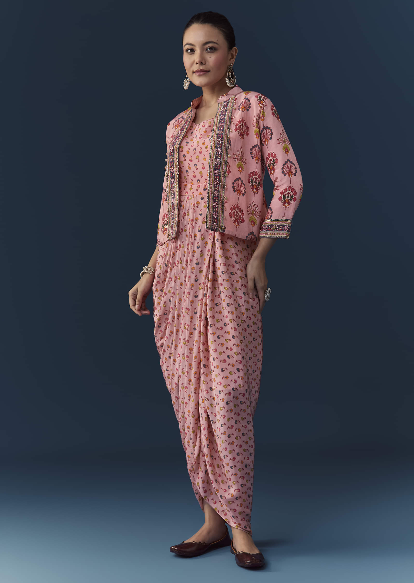 Baby Pink Floral Print Draped Gown with Sequins Jacket