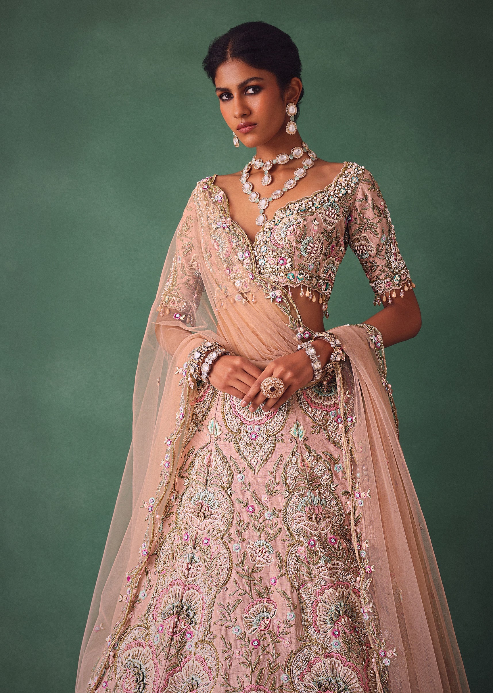 Baby Pink Jaal Work Lehenga With Sweetheart Neck Blouse And Embroidered Dupatta - Image 2