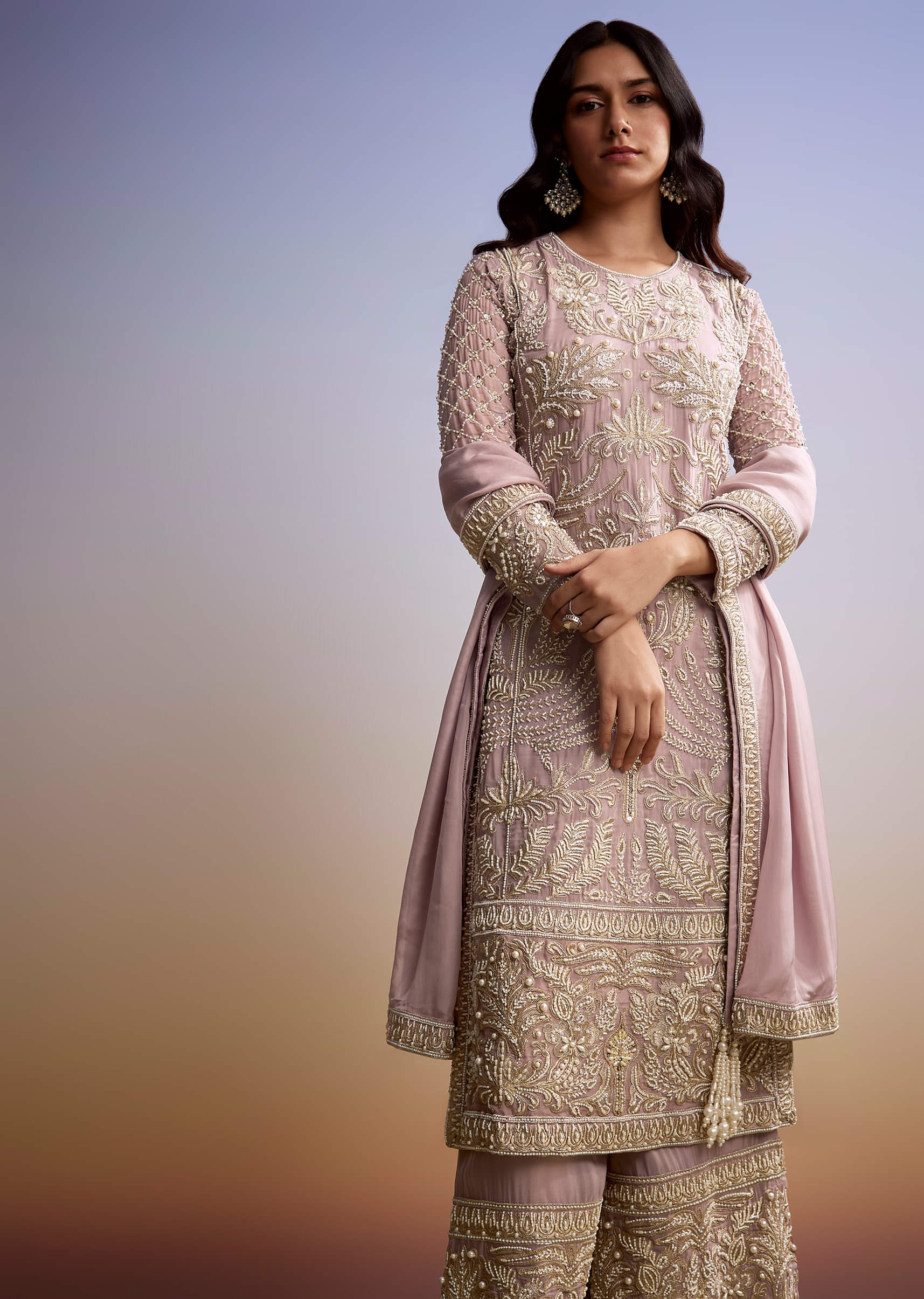 Baby Pink Organza Palazzo Suit With Zari And Moti Work - Image 4