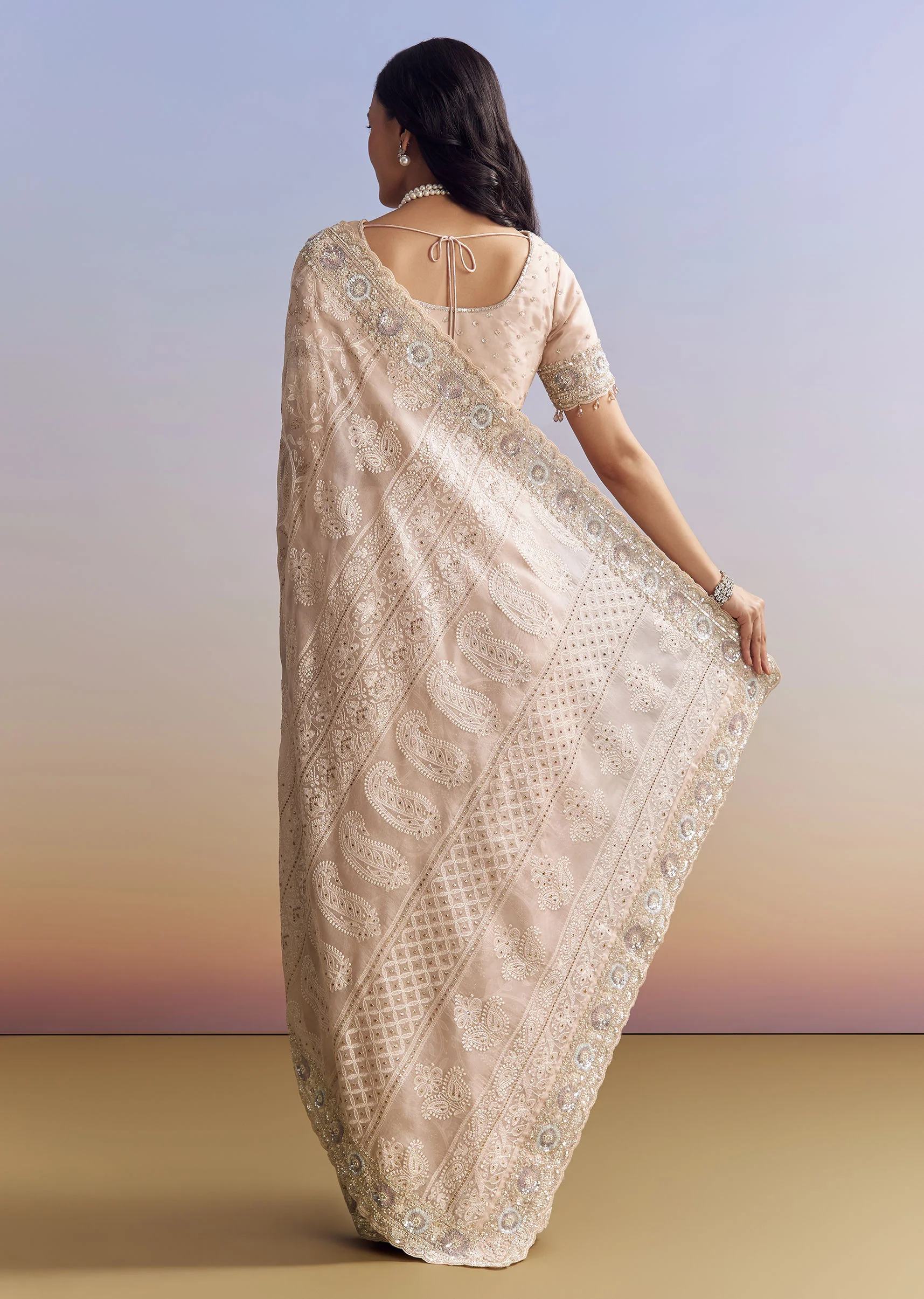 Baby Pink Organza Saree With Chikankari Threadwork And Beaded Embroidery - Image 4