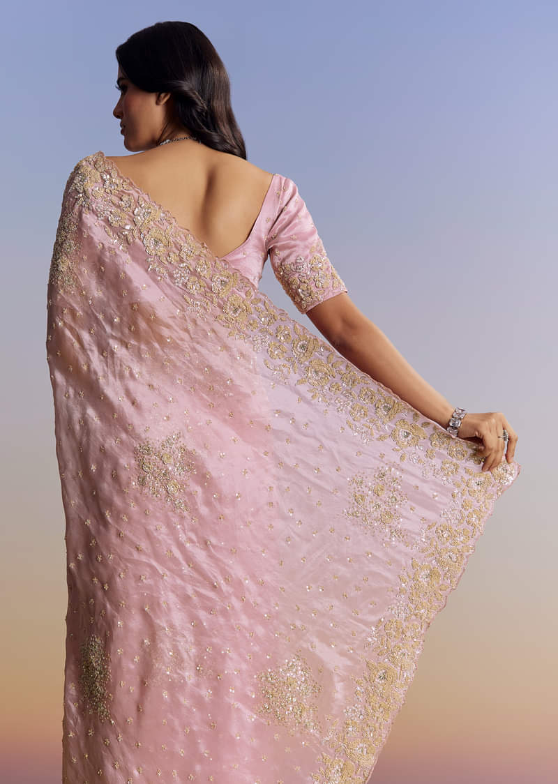 Baby Pink Organza Saree With Floral Cutwork Embroidery - Image 4