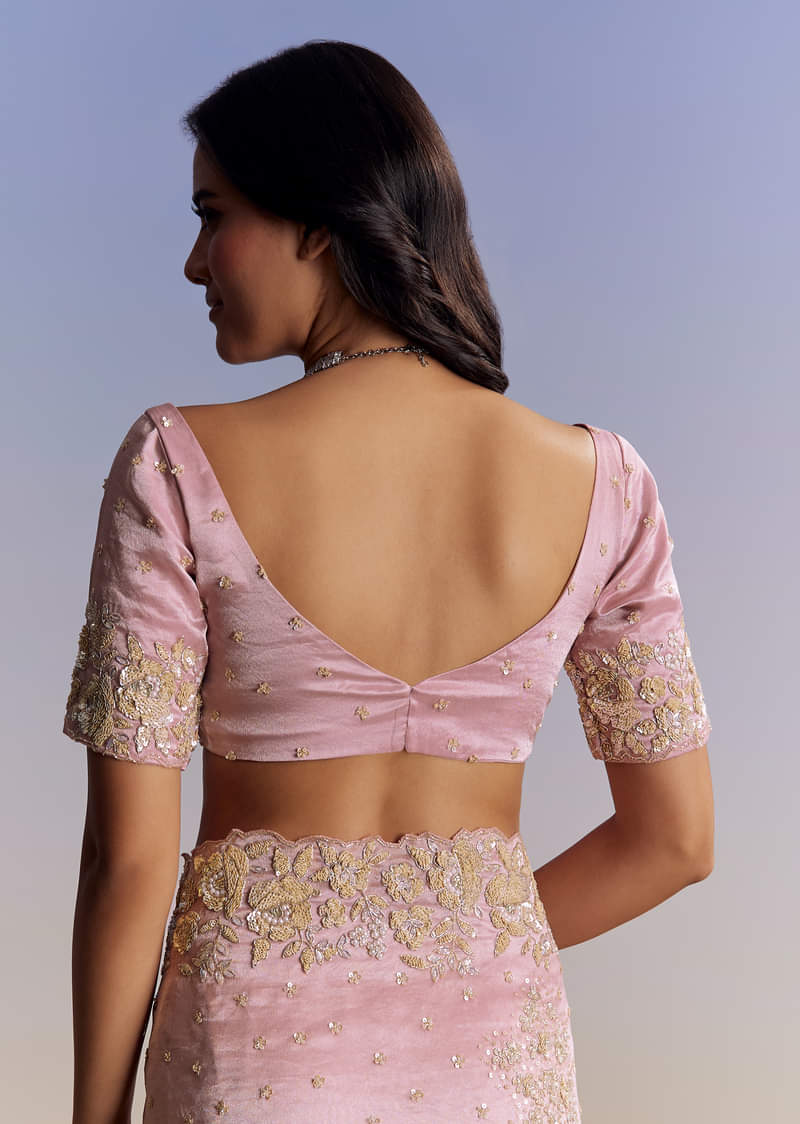 Baby Pink Organza Saree With Floral Cutwork Embroidery - Image 8