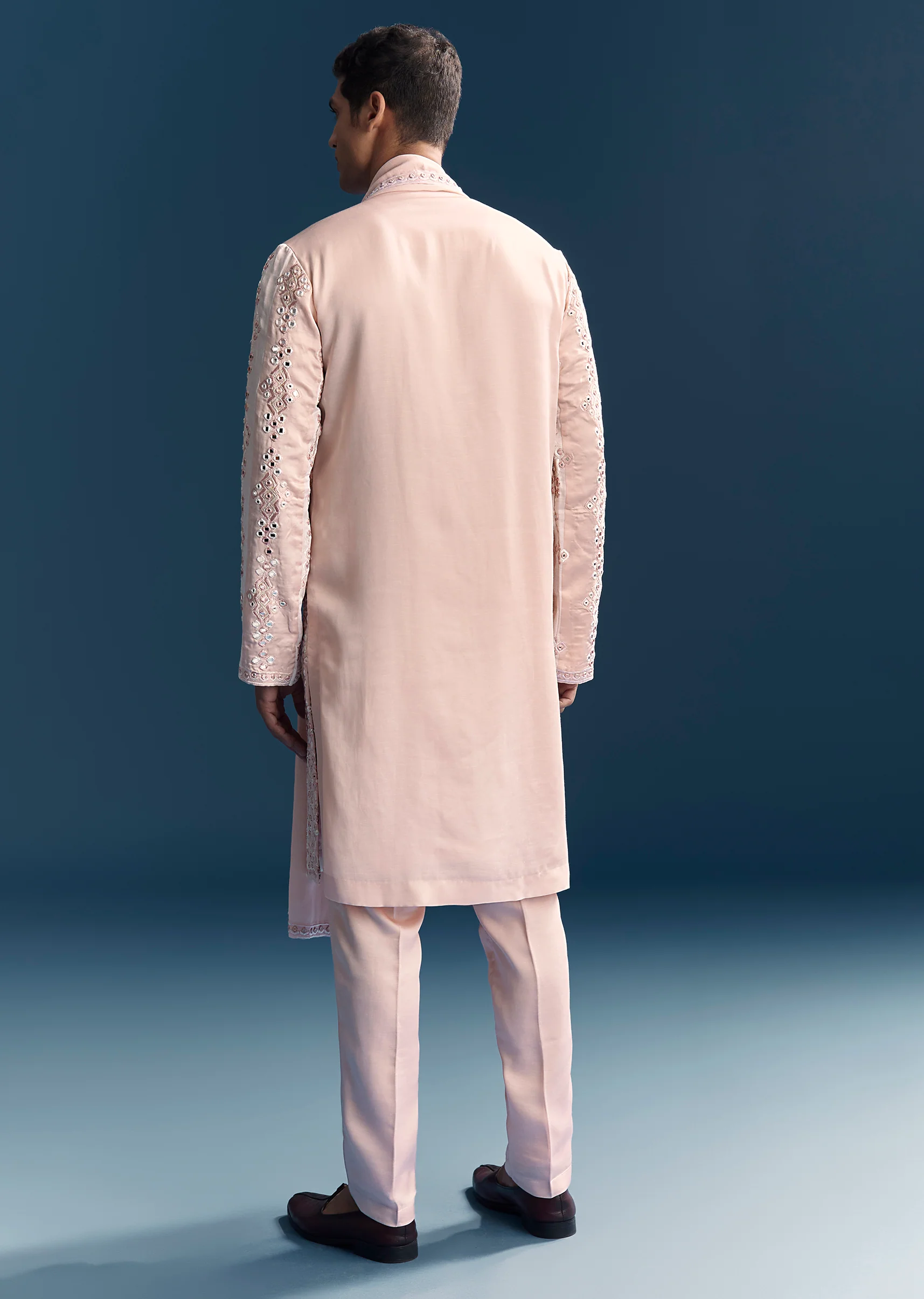 Baby Pink Pastel Duo – Embroidered Lehenga For Her And Mirror Work Kurta Set For Him - Image 10