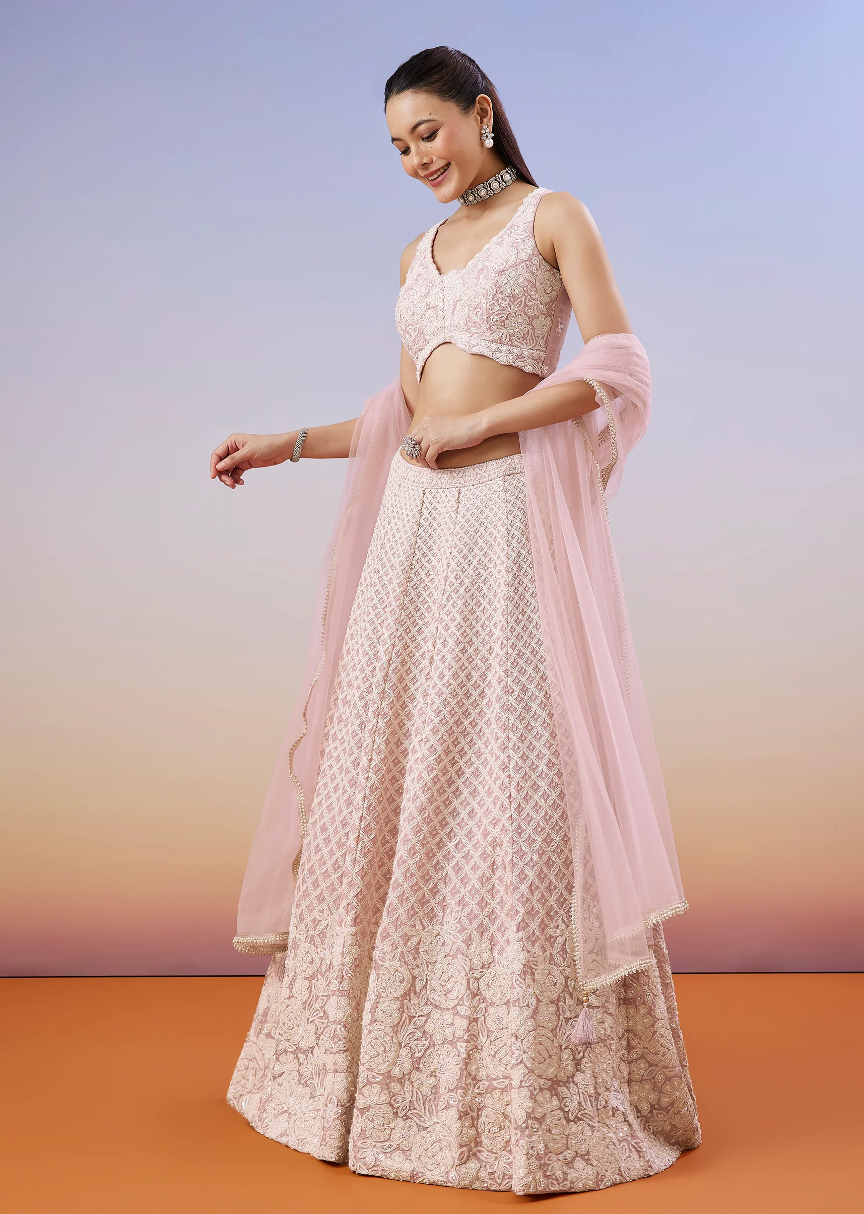Baby Pink Pastel Duo – Embroidered Lehenga For Her And Mirror Work Kurta Set For Him - Image 4