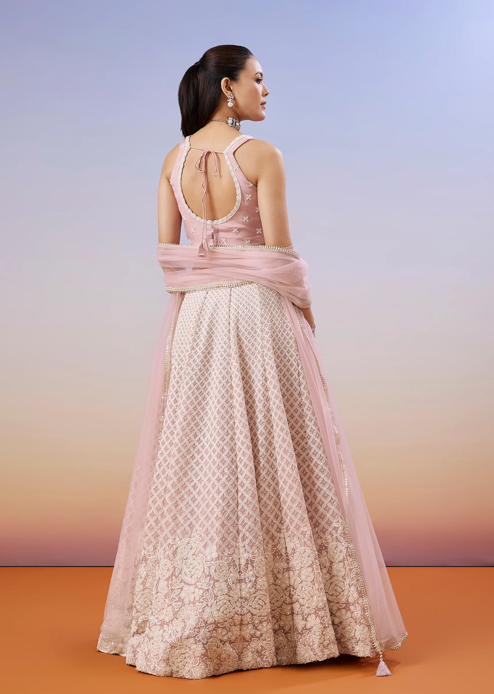 Baby Pink Pastel Duo – Embroidered Lehenga For Her And Mirror Work Kurta Set For Him - Image 6