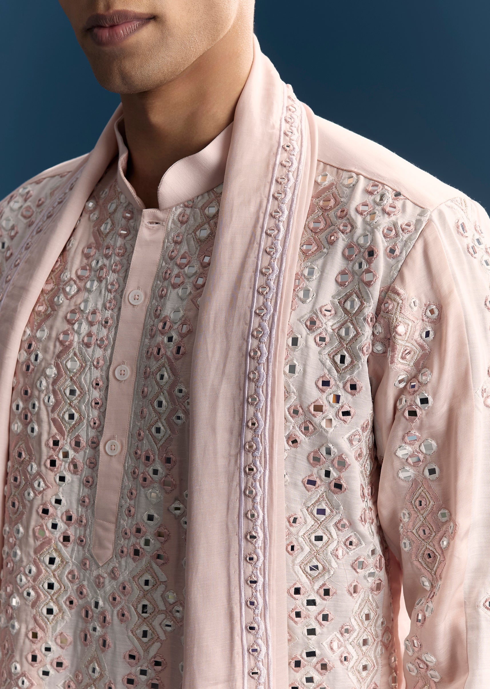 Baby Pink Pastel Duo – Embroidered Lehenga For Her And Mirror Work Kurta Set For Him - Image 7