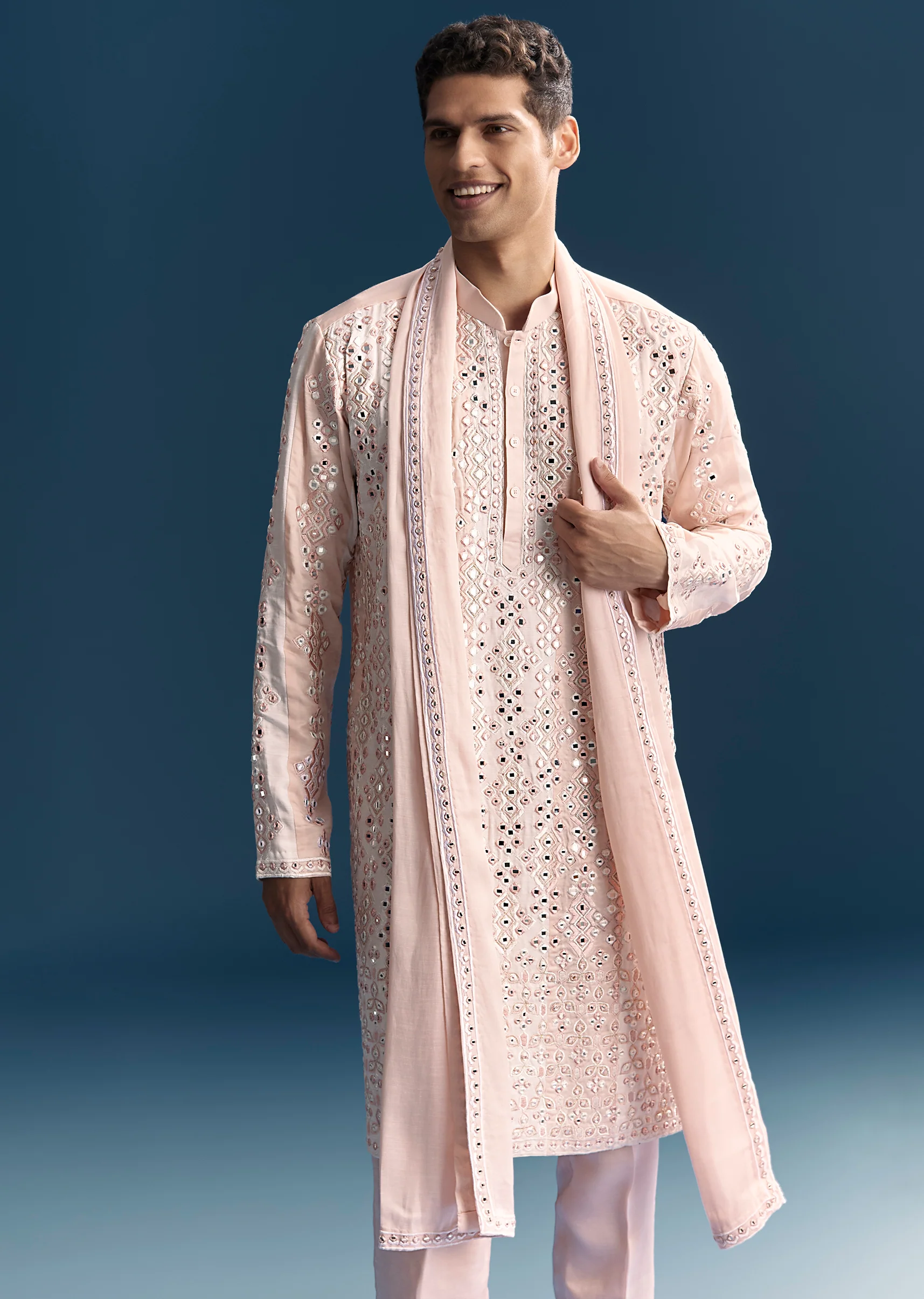 Baby Pink Pastel Duo – Embroidered Lehenga For Her And Mirror Work Kurta Set For Him - Image 9