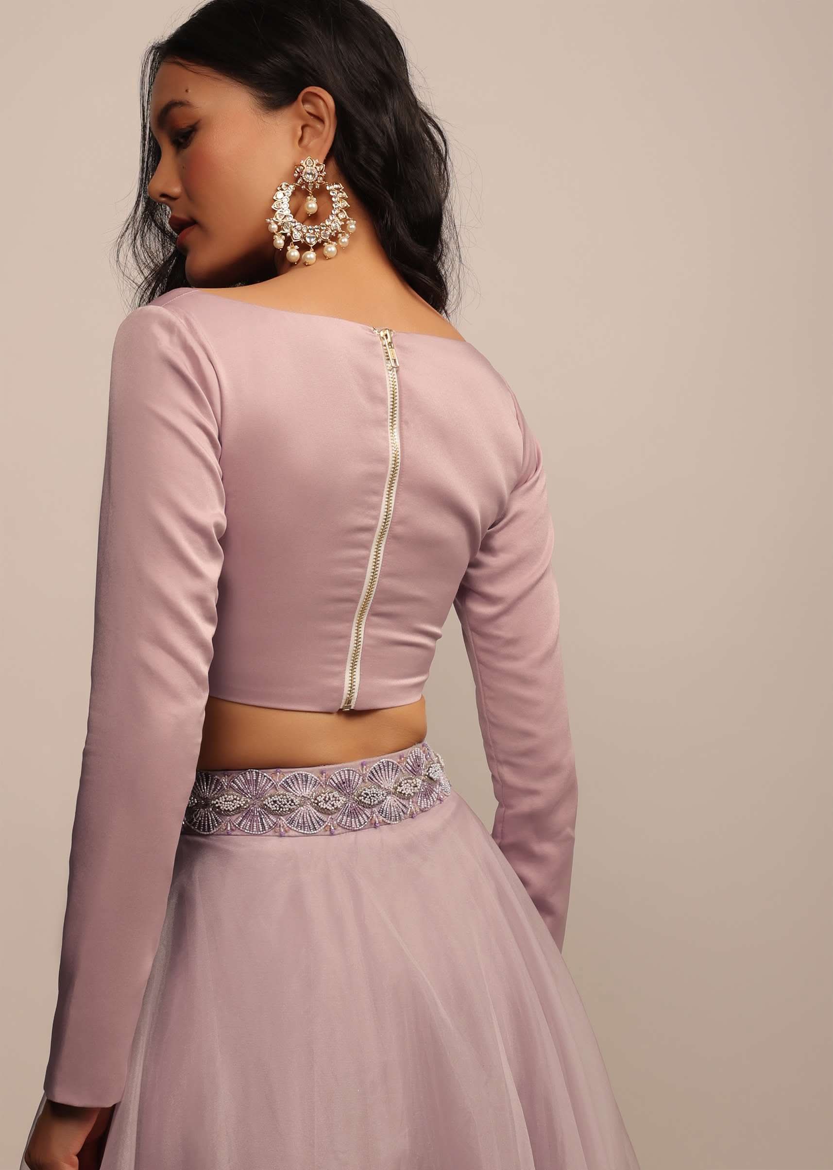 Baby Pink Satin Blouse With Sweetheart Neckline And Full Sleeves - Image 2