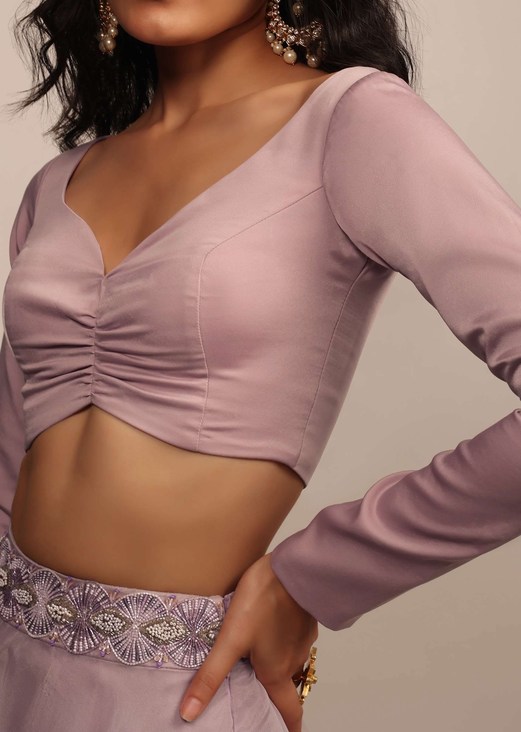 Baby Pink Satin Blouse With Sweetheart Neckline And Full Sleeves - Image 3