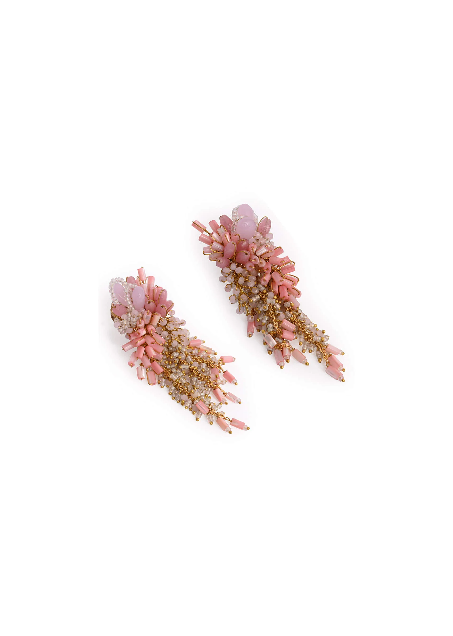 Baby Pink Shaded Gold Plated Chain Tassel Long Earrings - Image 2