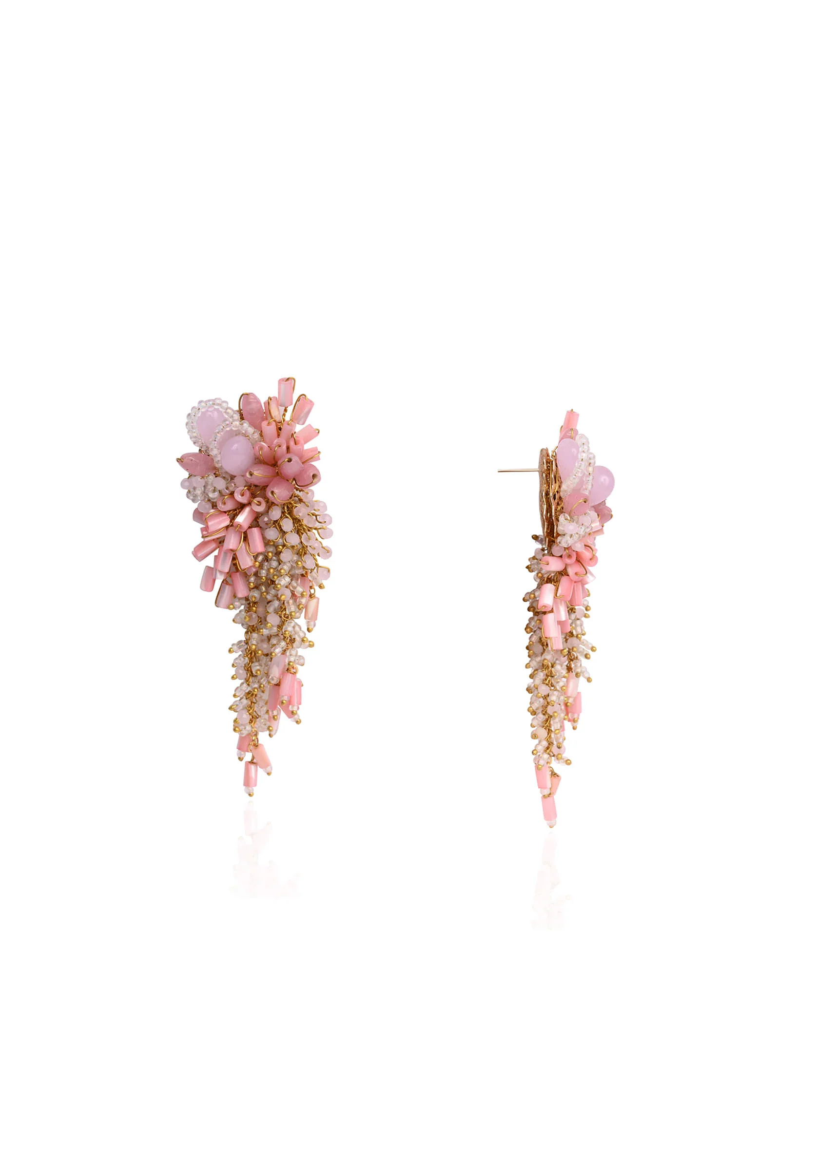 Baby Pink Shaded Gold Plated Chain Tassel Long Earrings - Image 4