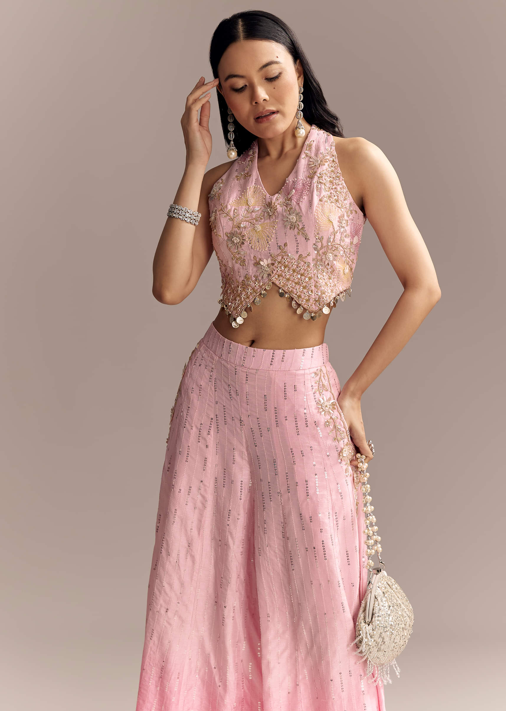 Baby Pink Silk Crop Top And Palazzo Set With Intricate Embroidery - Image 4