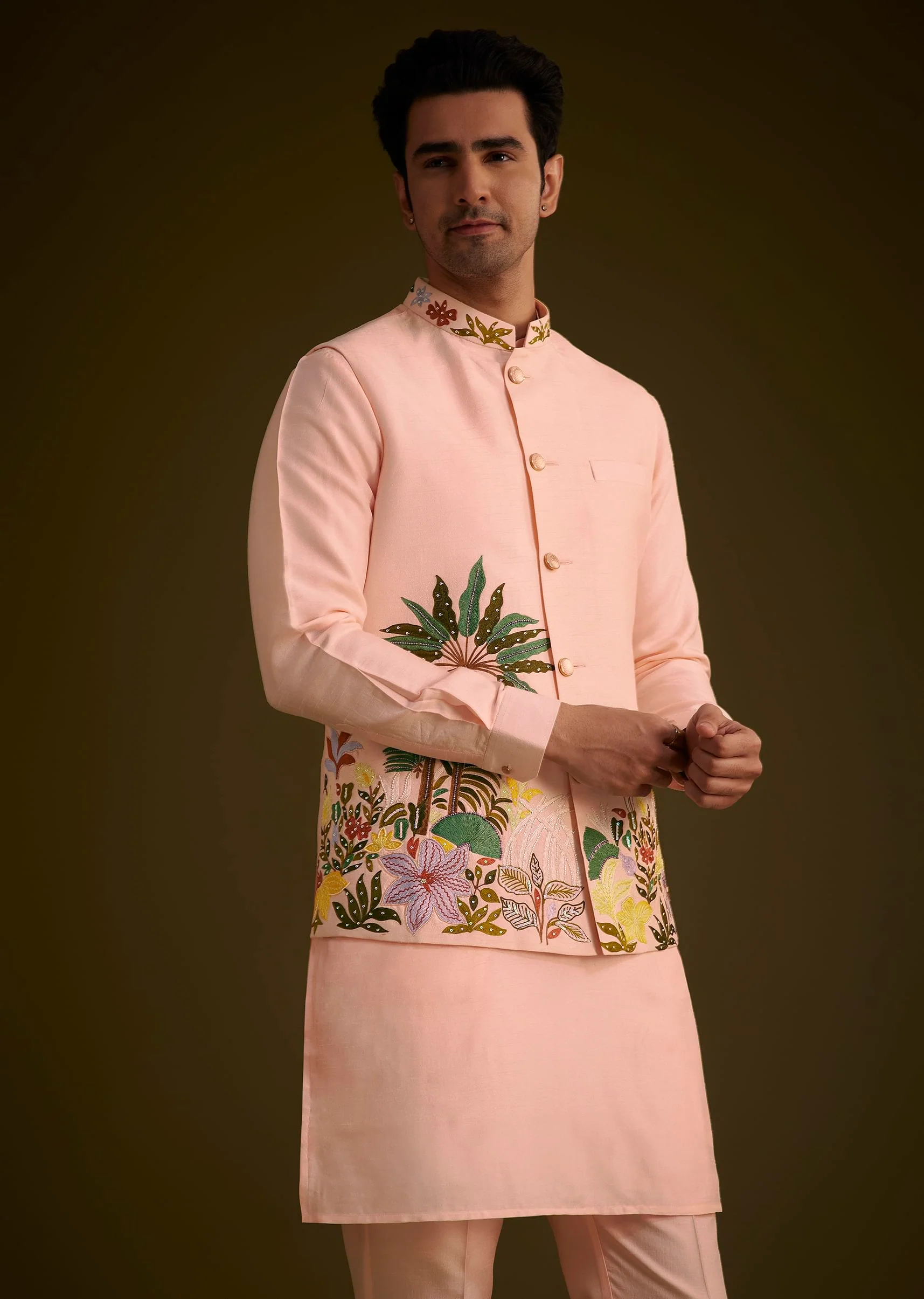 Baby Pink Silk Jacket Set With Nature Themed Patch Work - Image 2