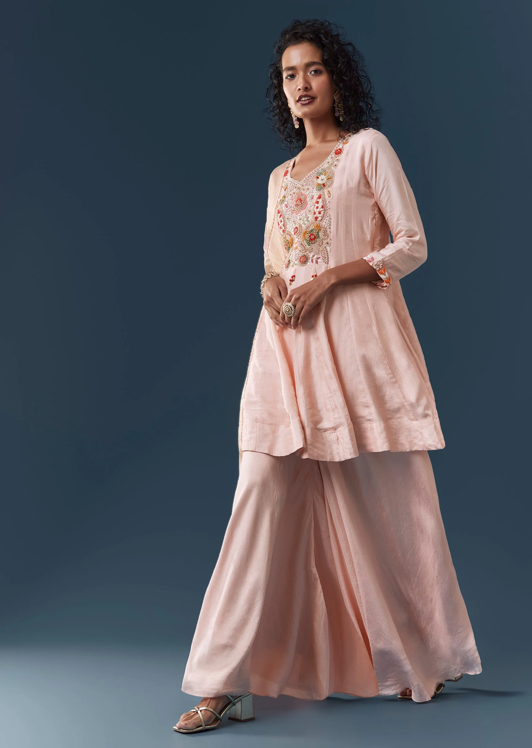 Baby Pink Silk Palazzo Set With Dupatta - Image 3