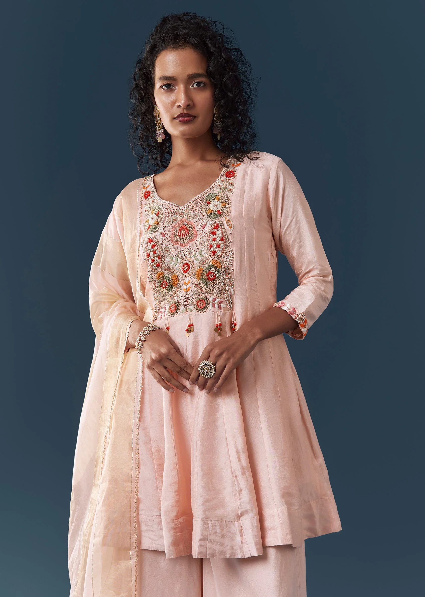 Baby Pink Silk Palazzo Set With Dupatta - Image 4