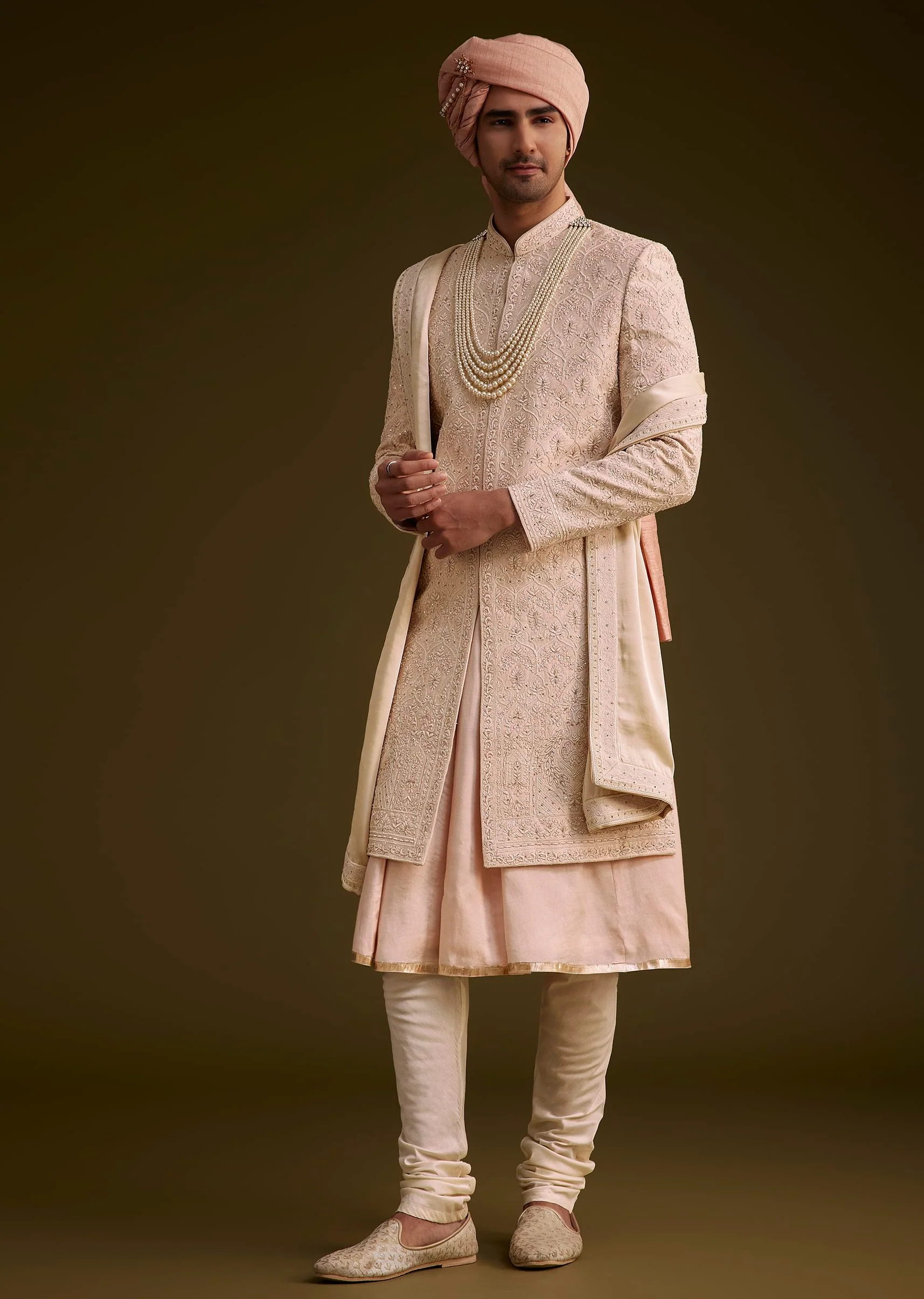 Baby Pink Silk Sherwani Set With Resham Embroidery