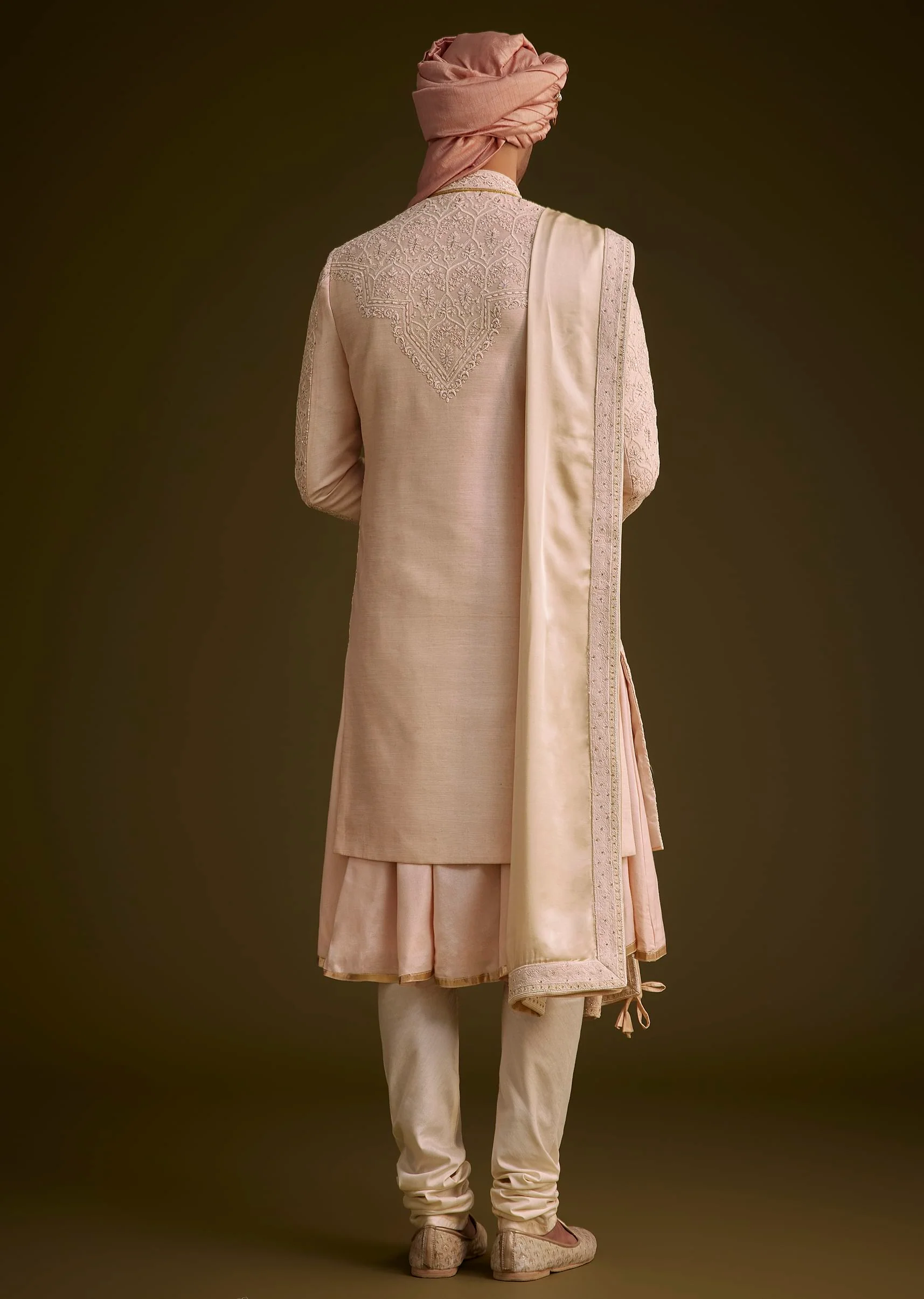 Baby Pink Silk Sherwani Set With Resham Embroidery - Image 6