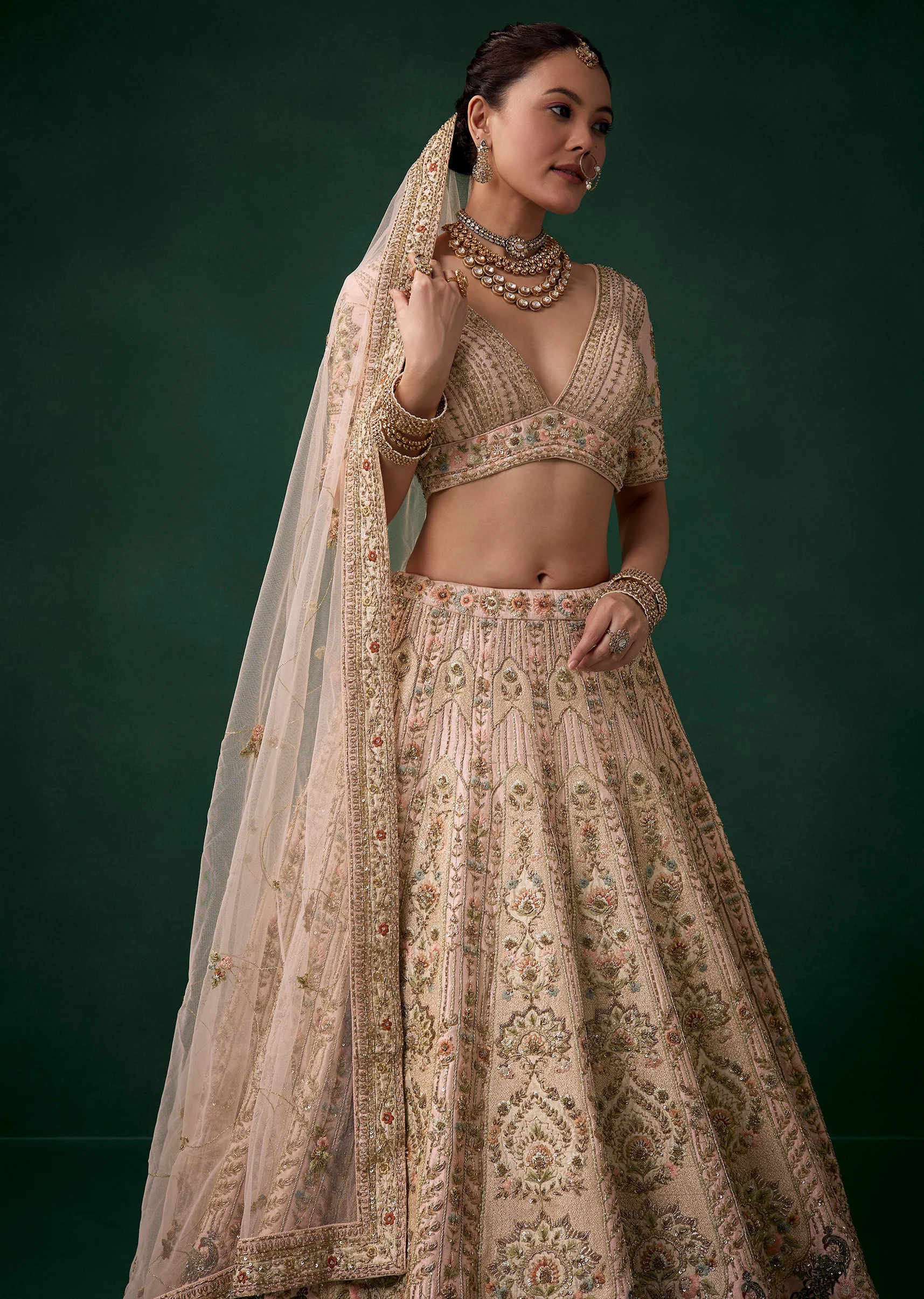 Baby Pink Stone Embroidered Bridal Lehenga Set - Image 6