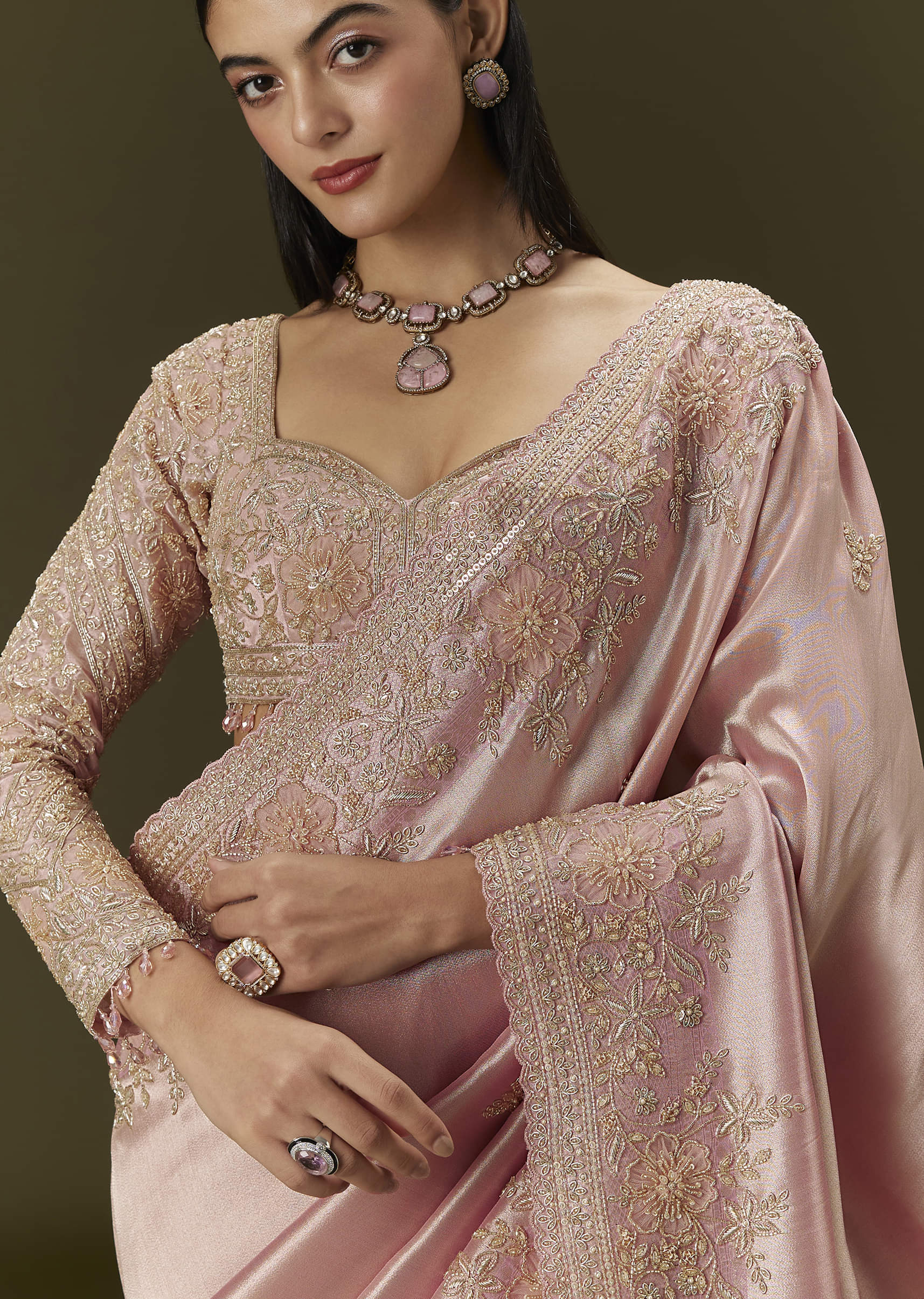 Baby Pink Tissue Saree With Velvet Embroidered Blouse - Image 3