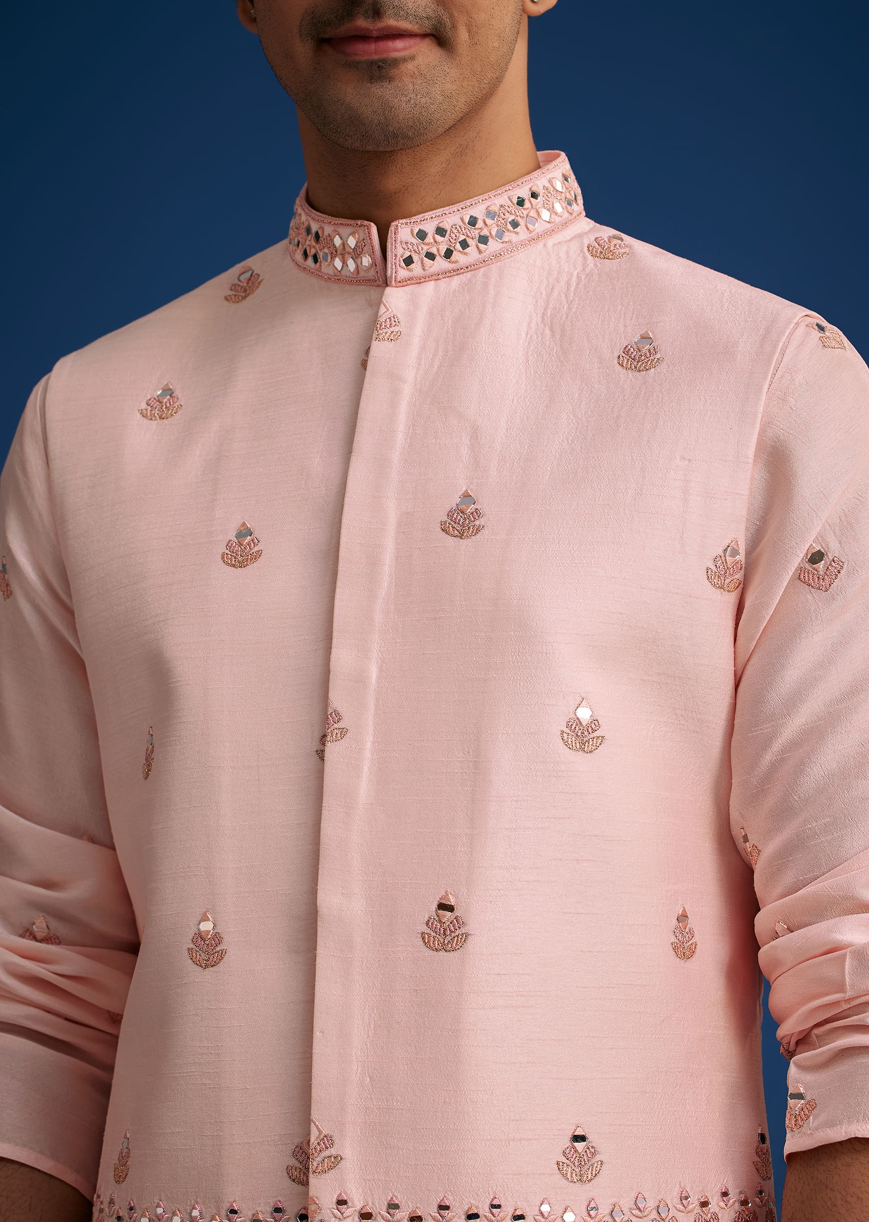 Baby Pink Tussar Kurta Jacket Set With Mirror Embroidery - Image 4