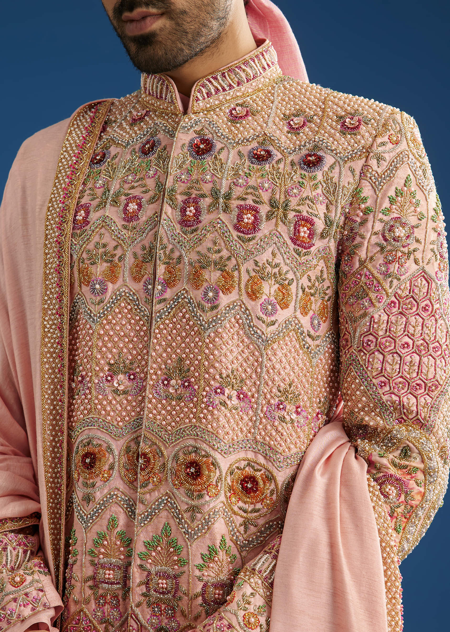 Baby Pink Tussar Sherwani With Cutdana And Tikki Stone Work - Image 2