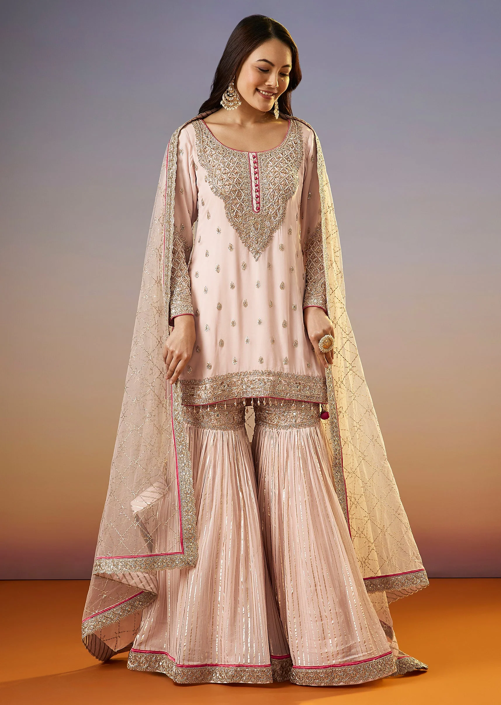 Baby Pink Zardosi Sharara Suit With Dupatta - Image 3