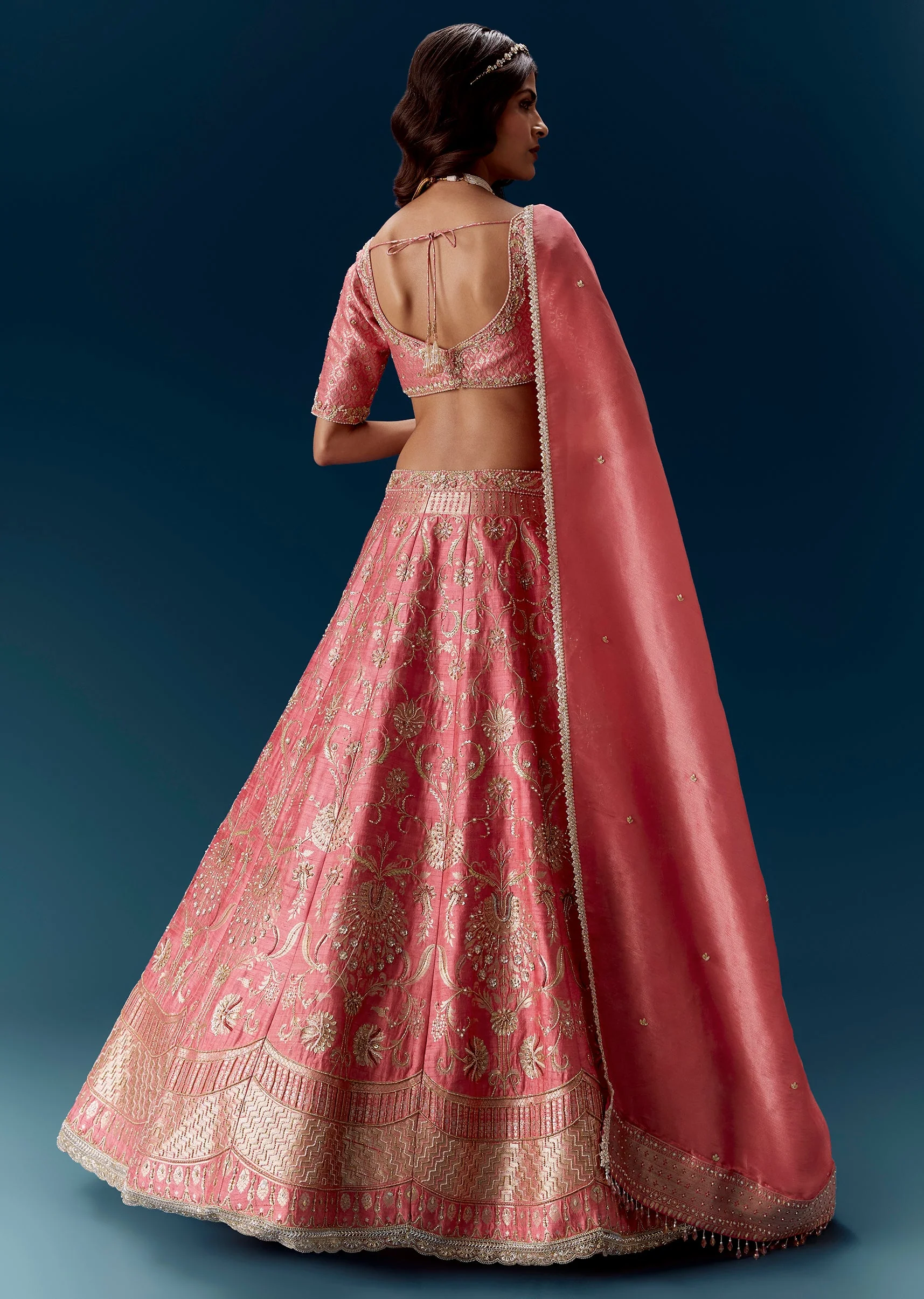 Banarasi Embroidered Bridal Lehenga in Pink With Dupatta - Image 2