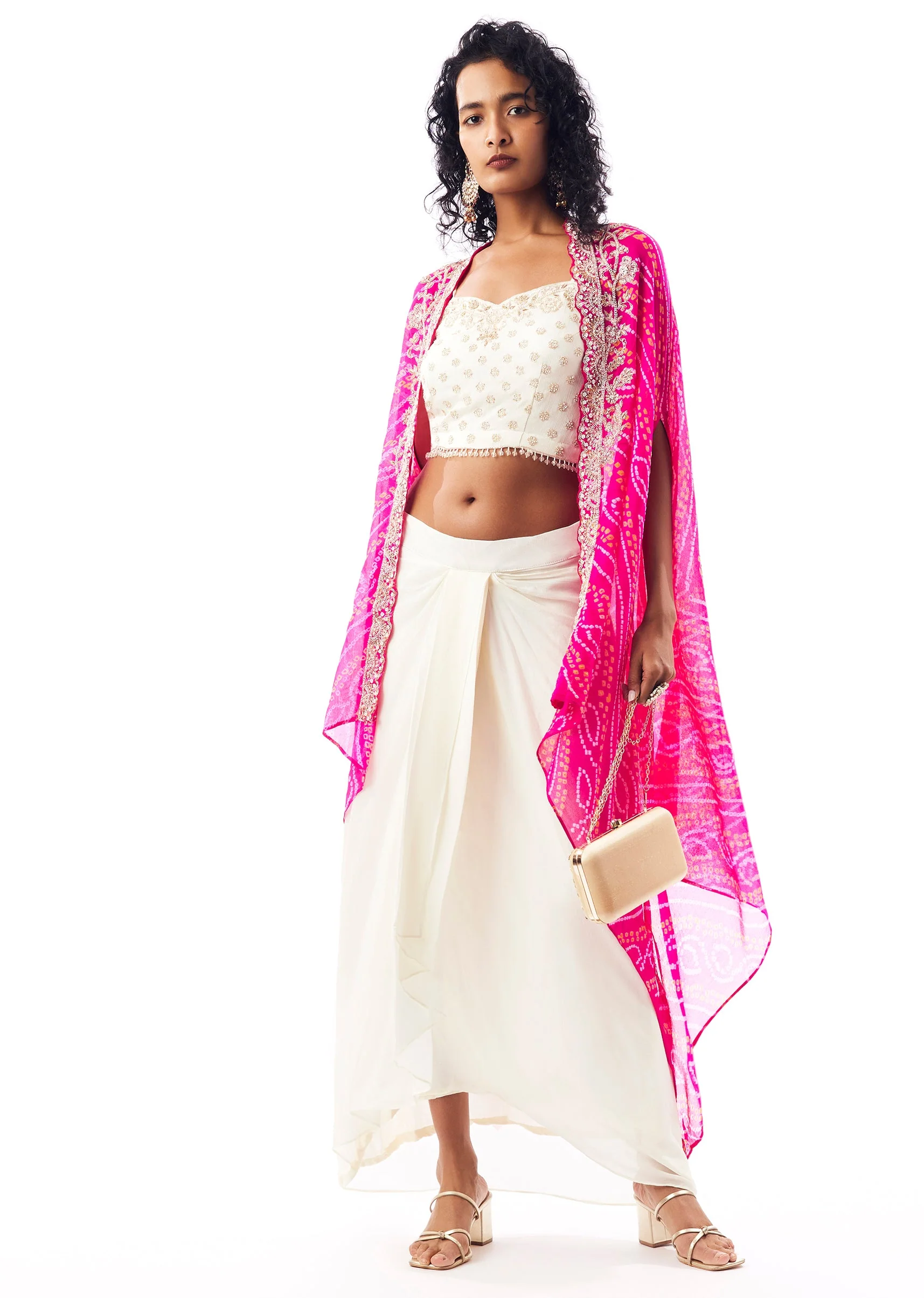 Bandhani Cape Set With Embellished Crop Top And Flared Skirt - Image 2