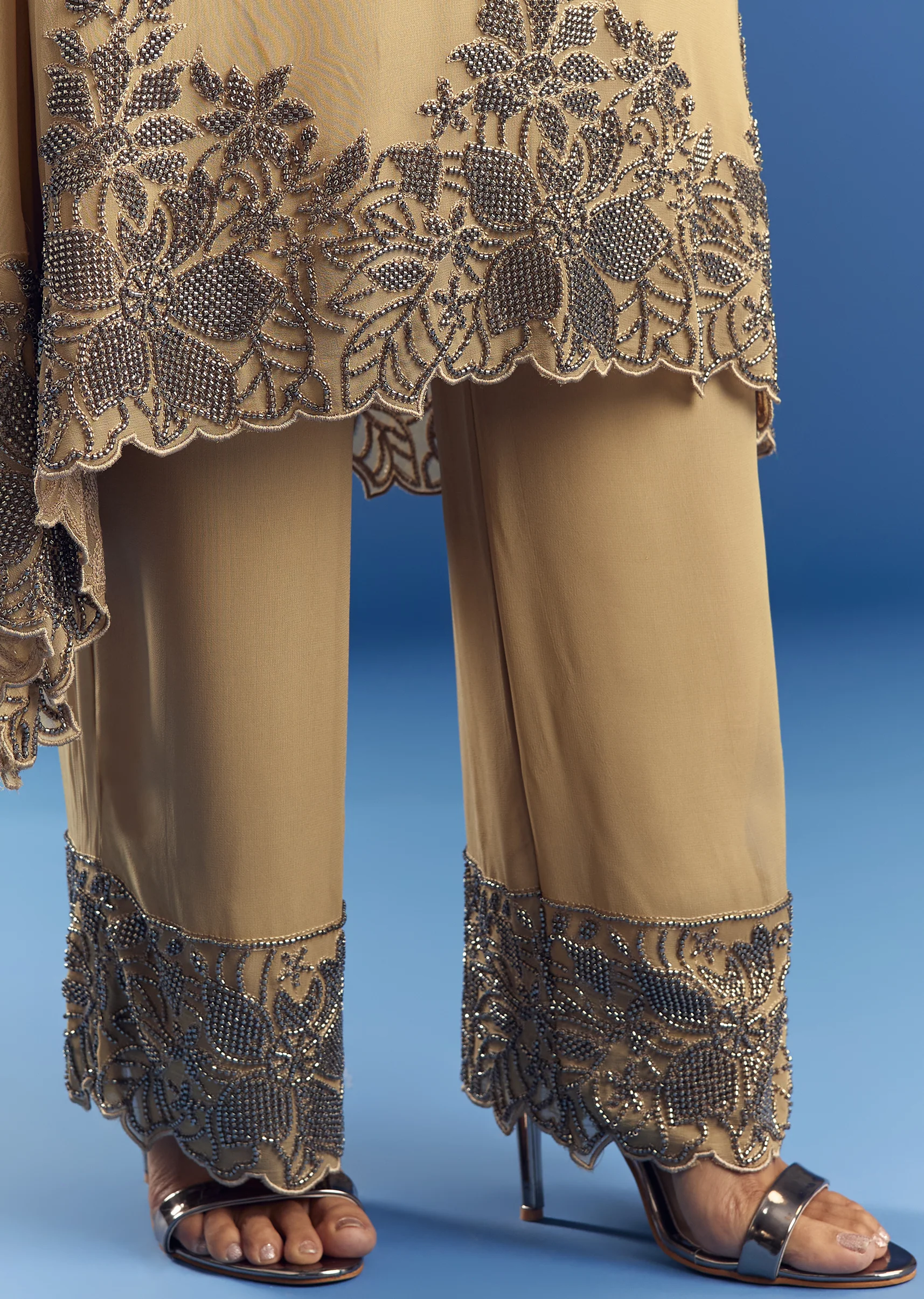 Beige Asymmetrical Georgette Beaded Kurta Pant Set With Dupatta - Image 6