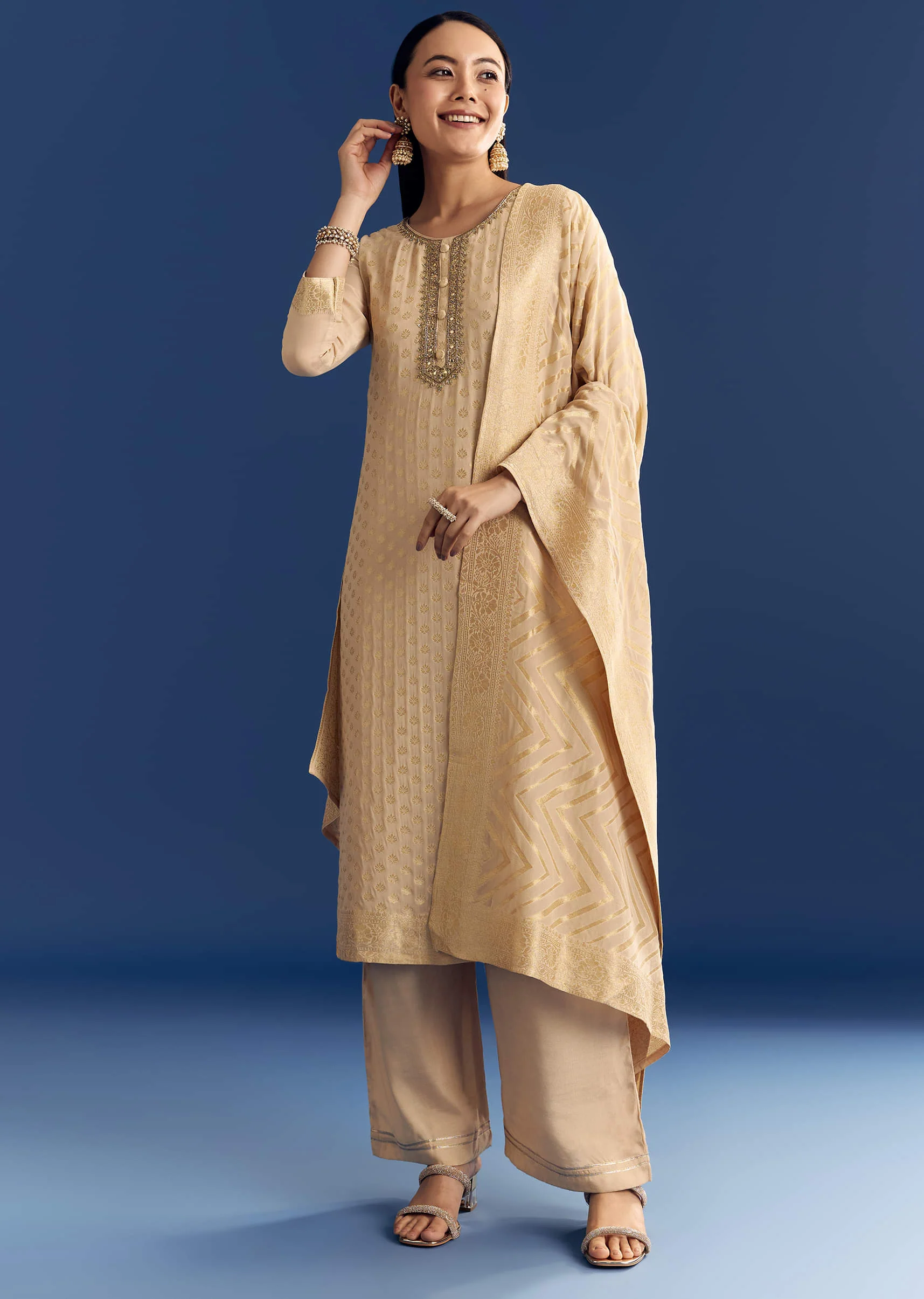 Beige Banarasi Georgette Kurta Set With Zardosi Neckline - Image 3