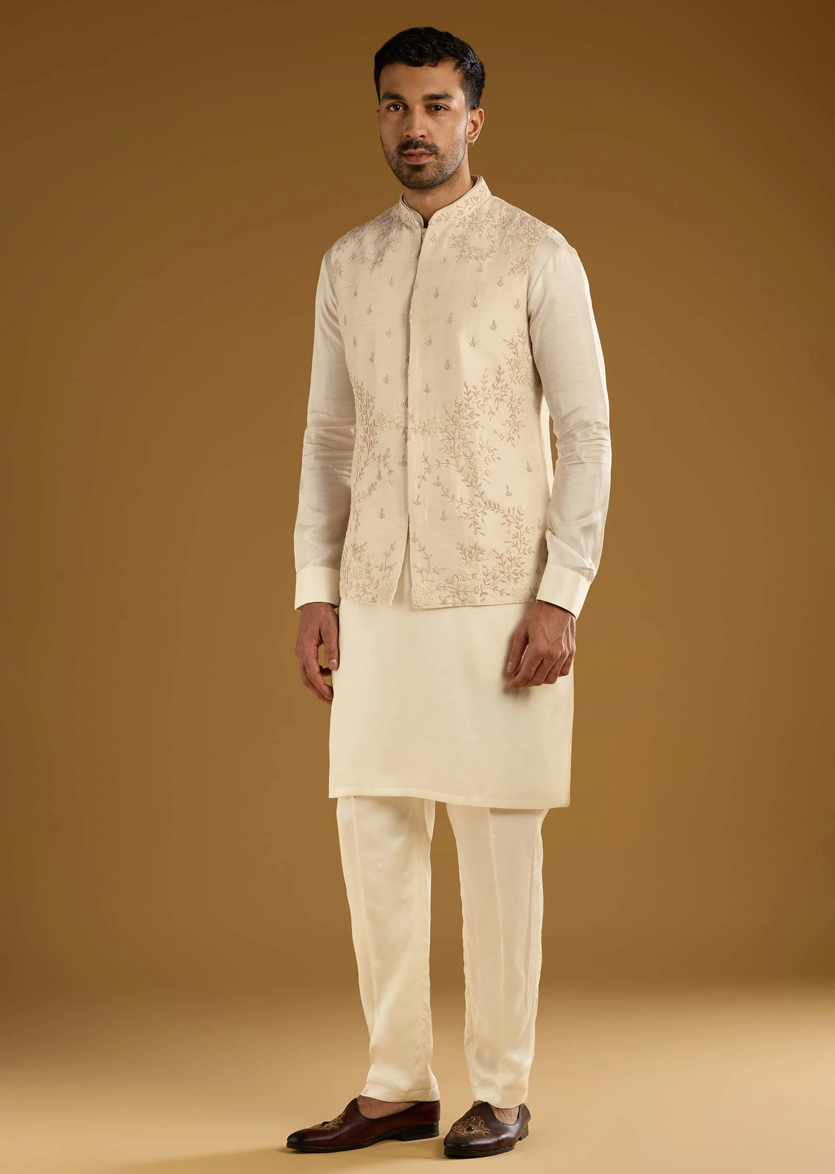 Beige Banarasi Silk Kurta Jacket Set For Men With Hand Embroidery - Image 2