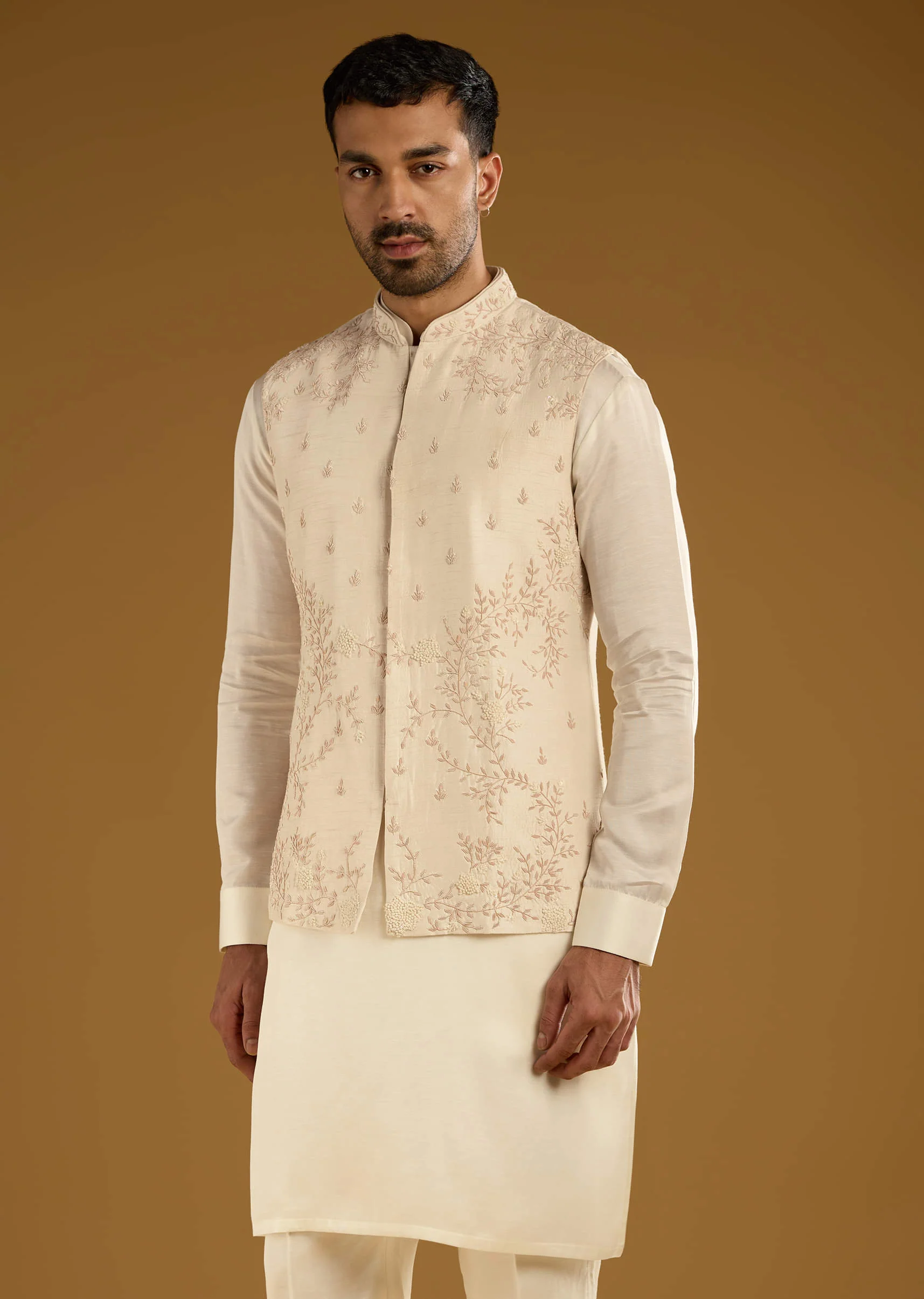 Beige Banarasi Silk Kurta Jacket Set For Men With Hand Embroidery - Image 4