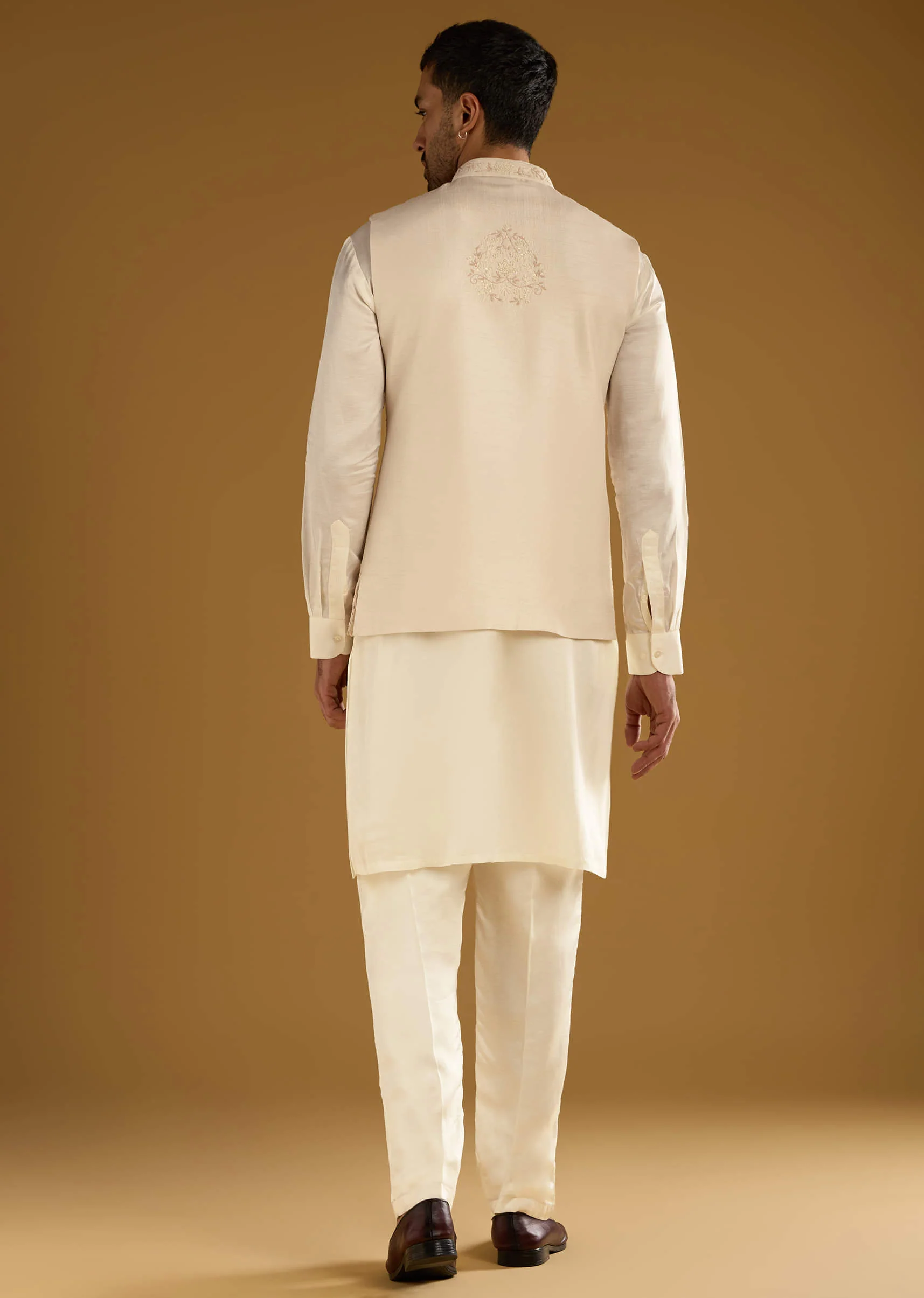 Beige Banarasi Silk Kurta Jacket Set For Men With Hand Embroidery - Image 5