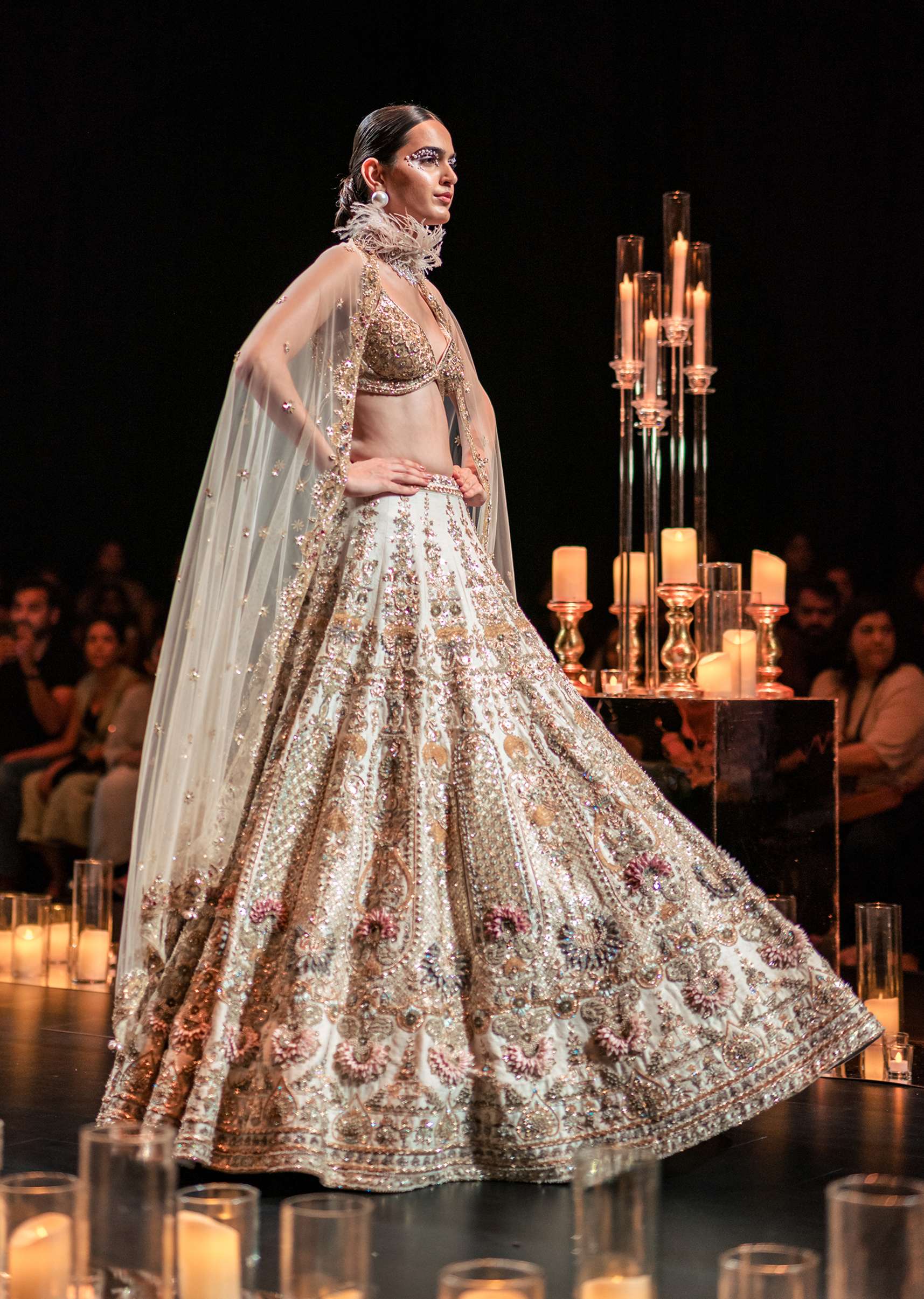 Beige Bridal Lehenga Set in Silk With Organza Flowers And 3D Embroidery - Image 3