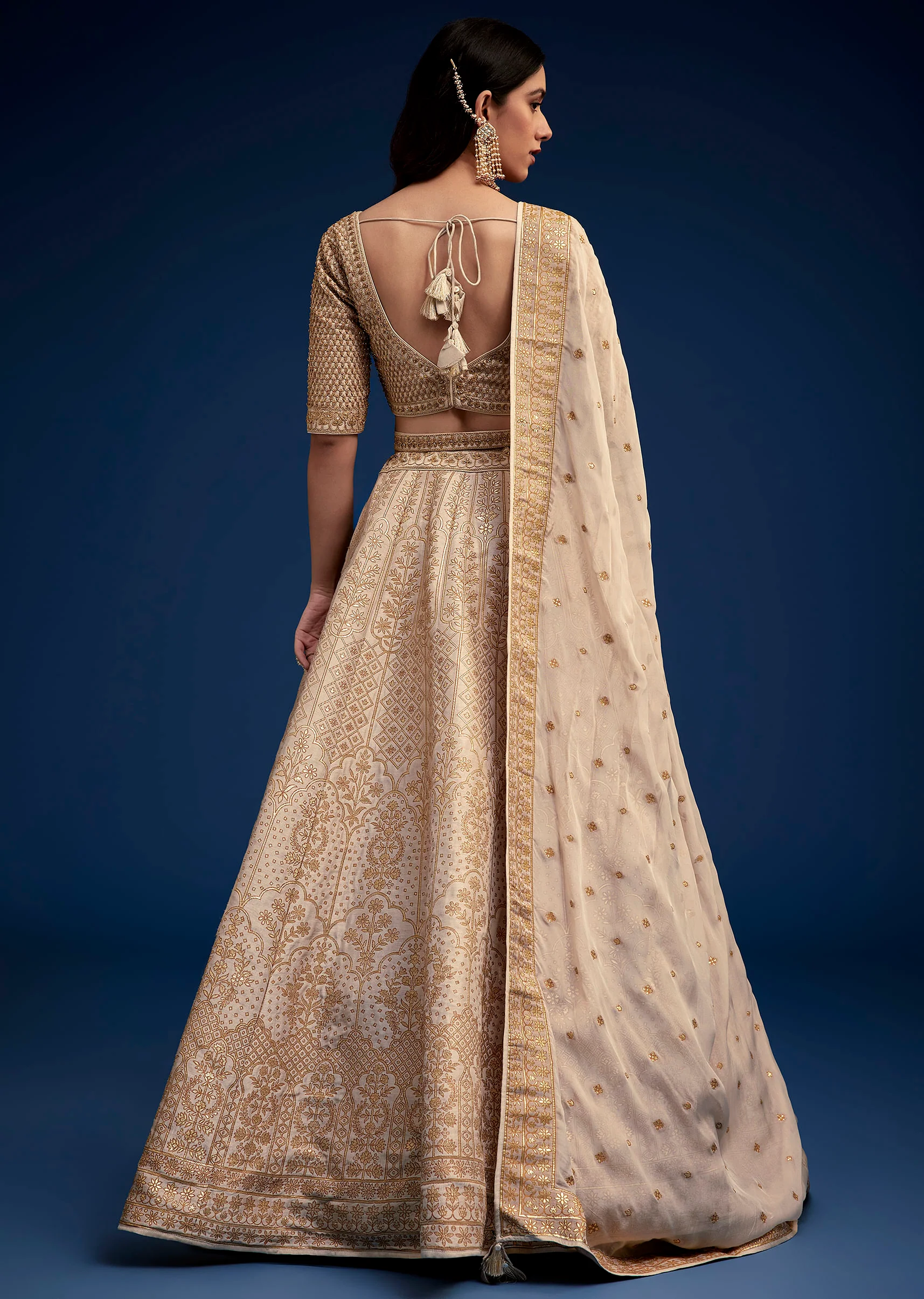 Beige Brocade Lehenga Set And Belt - Image 5