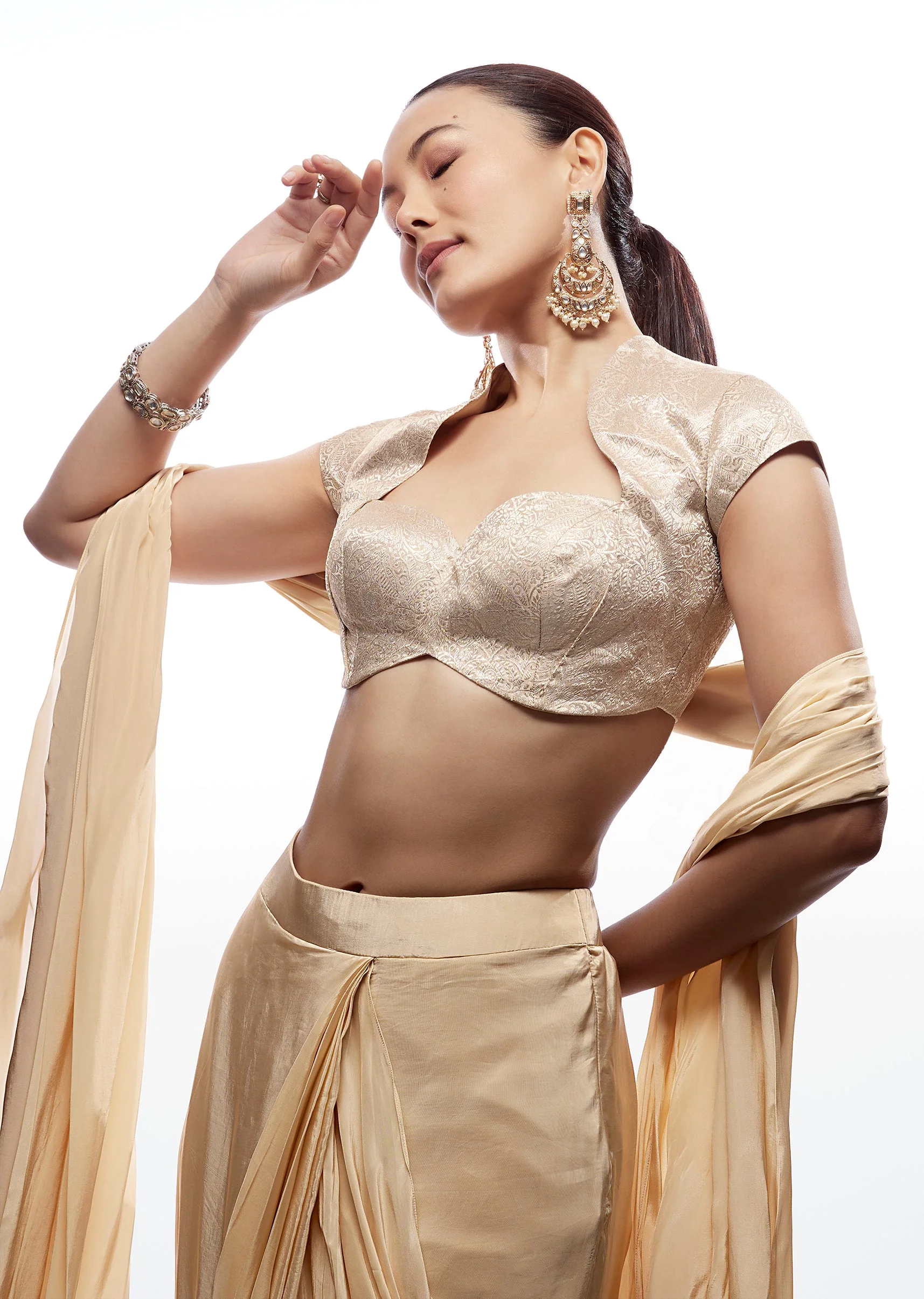 Beige Brocade Sweetheart Blouse With Cap Sleeves